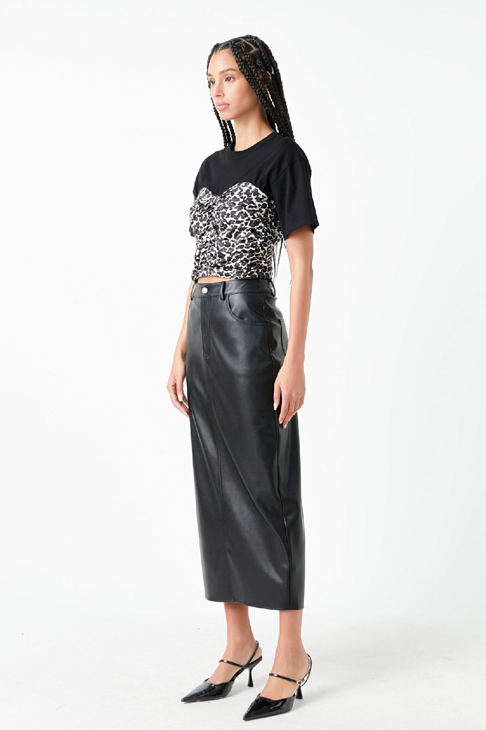 Endless Rose Leopard Shirred Cropped Top BLACK MULTI