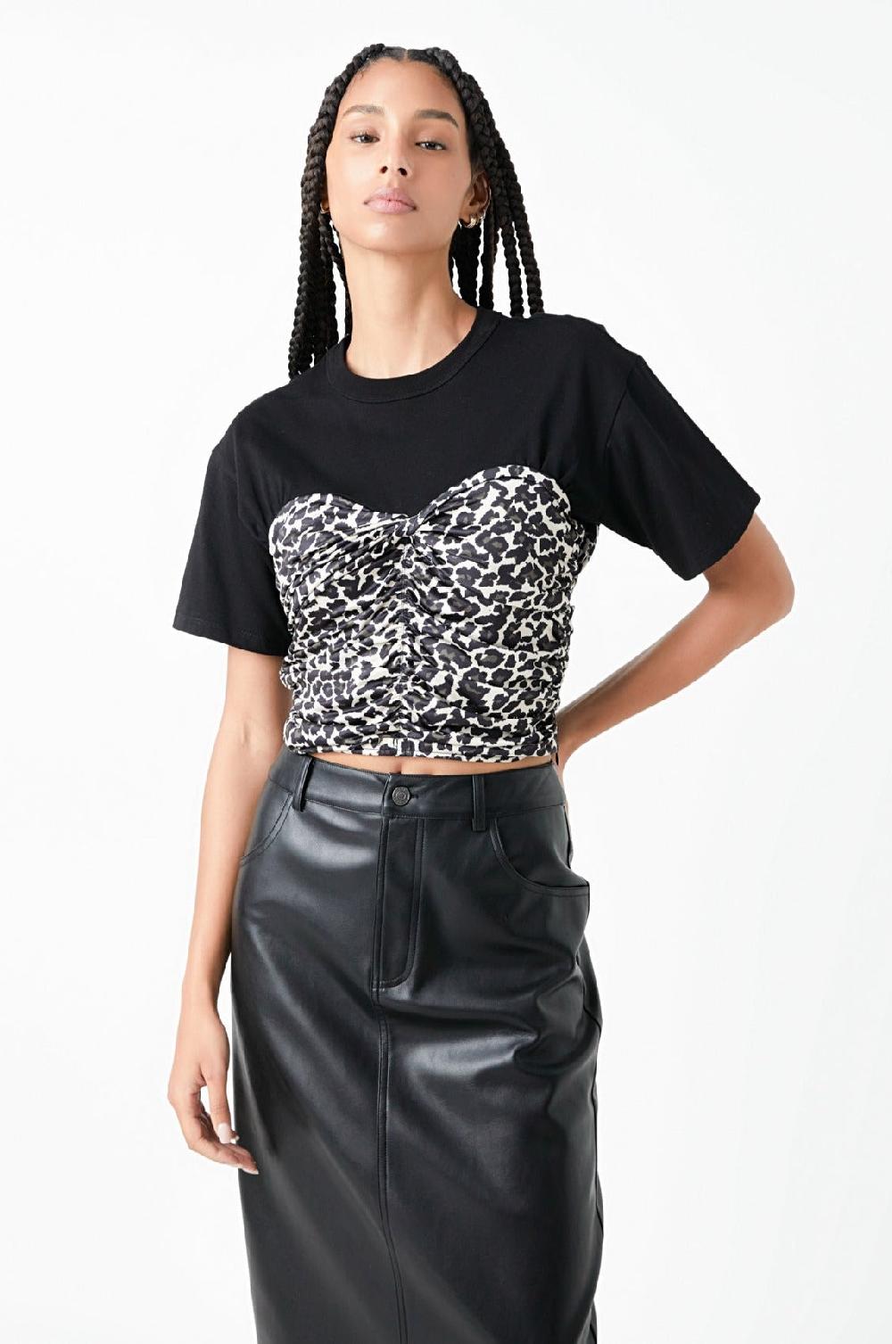 endless rose Leopard Shirred Cropped Top BLACK MULTI