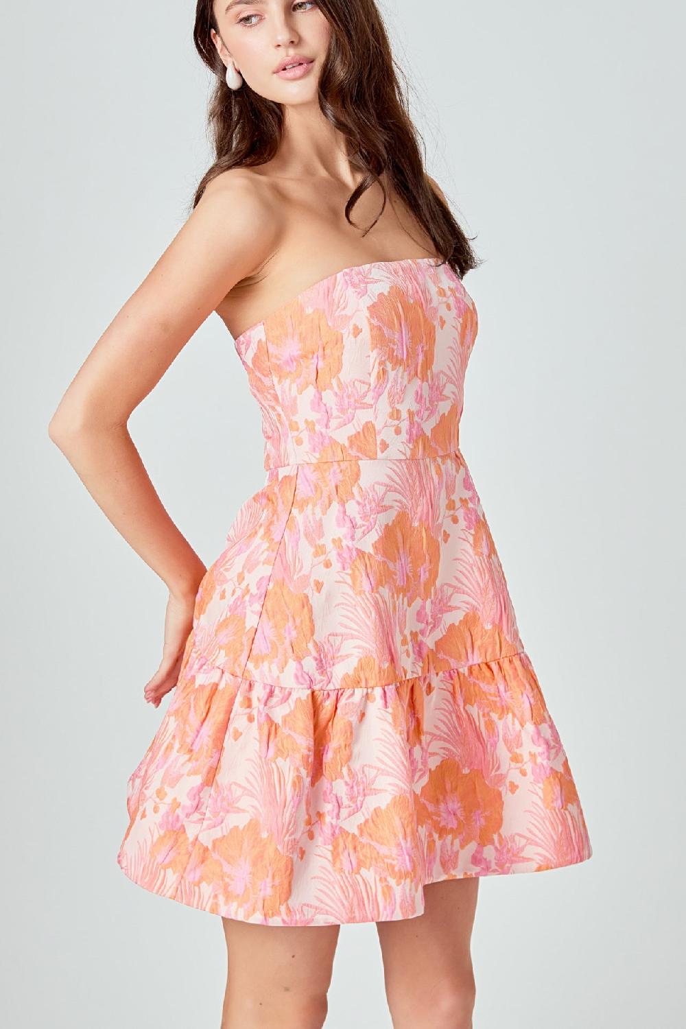 Endless Rose Lindsey Floral Jacquard Strapless Blouson Mini Dress PINK/ORANGE