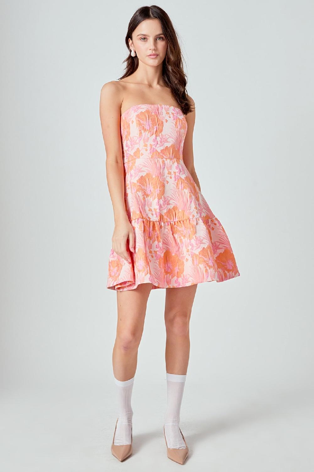 Endless Rose Lindsey Floral Jacquard Strapless Blouson Mini Dress PINK/ORANGE