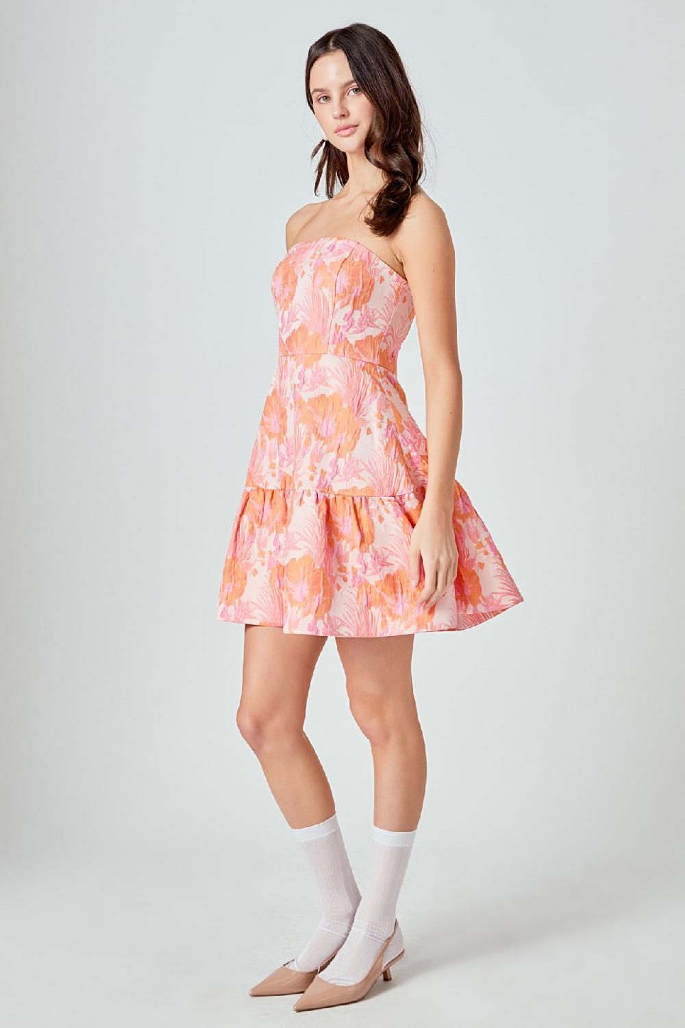 Endless Rose Lindsey Floral Jacquard Strapless Blouson Mini Dress PINK/ORANGE