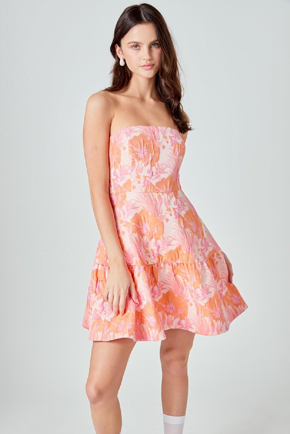 endless rose Lindsey Floral Jacquard Strapless Blouson Mini Dress PINK/ORANGE