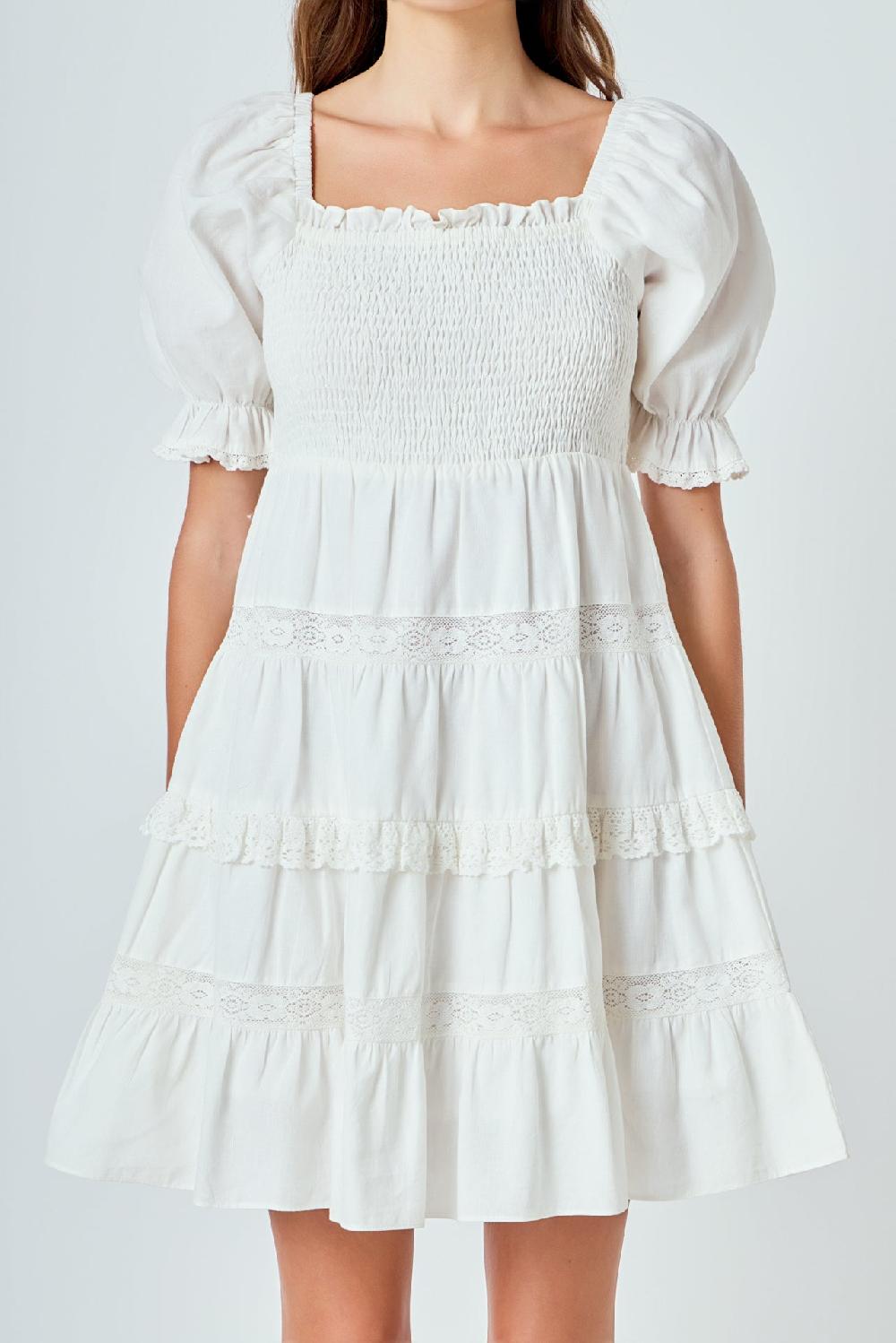 Endless Rose Linen Smocked Mini Dress With Lace WHITE