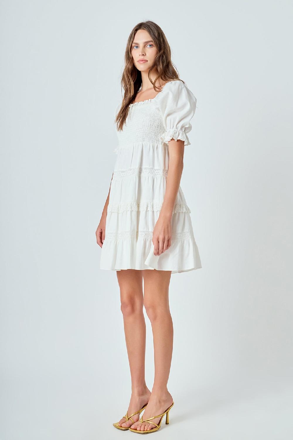 Endless Rose Linen Smocked Mini Dress With Lace WHITE