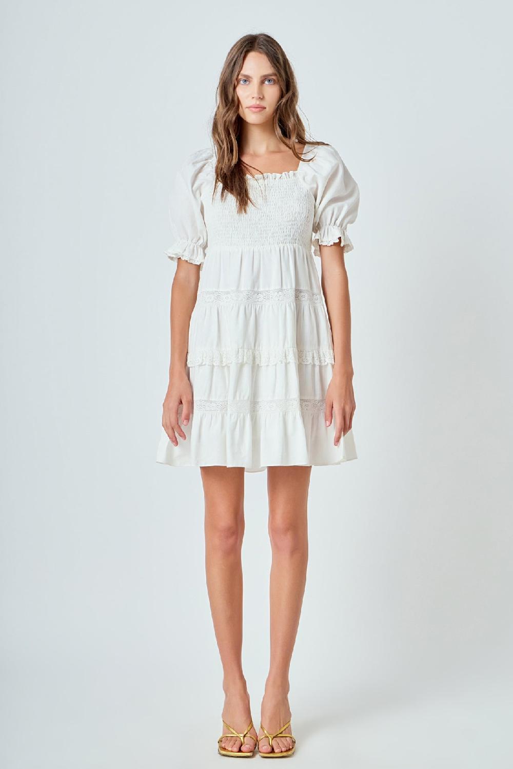 endless rose Linen Smocked Mini Dress with Lace WHITE