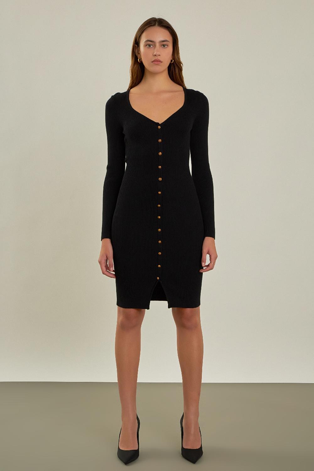 endless rose Long Sleeve Button Down Knit Dress BLACK