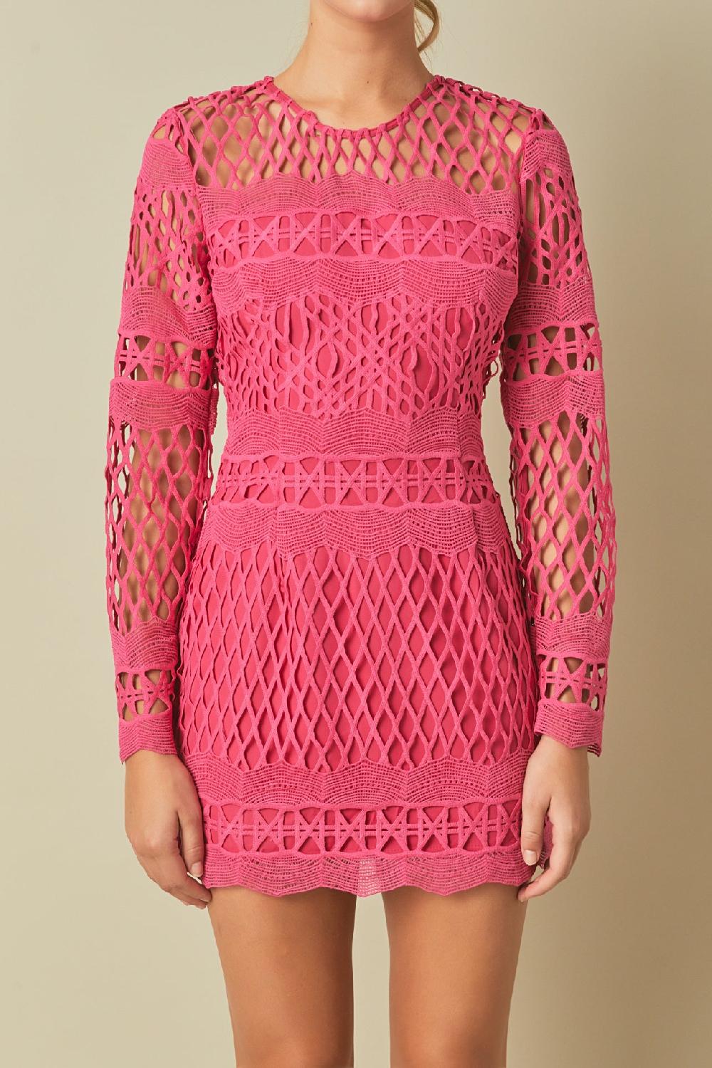 Endless Rose Long Sleeve Crochet Mini Dress FUCHSIA