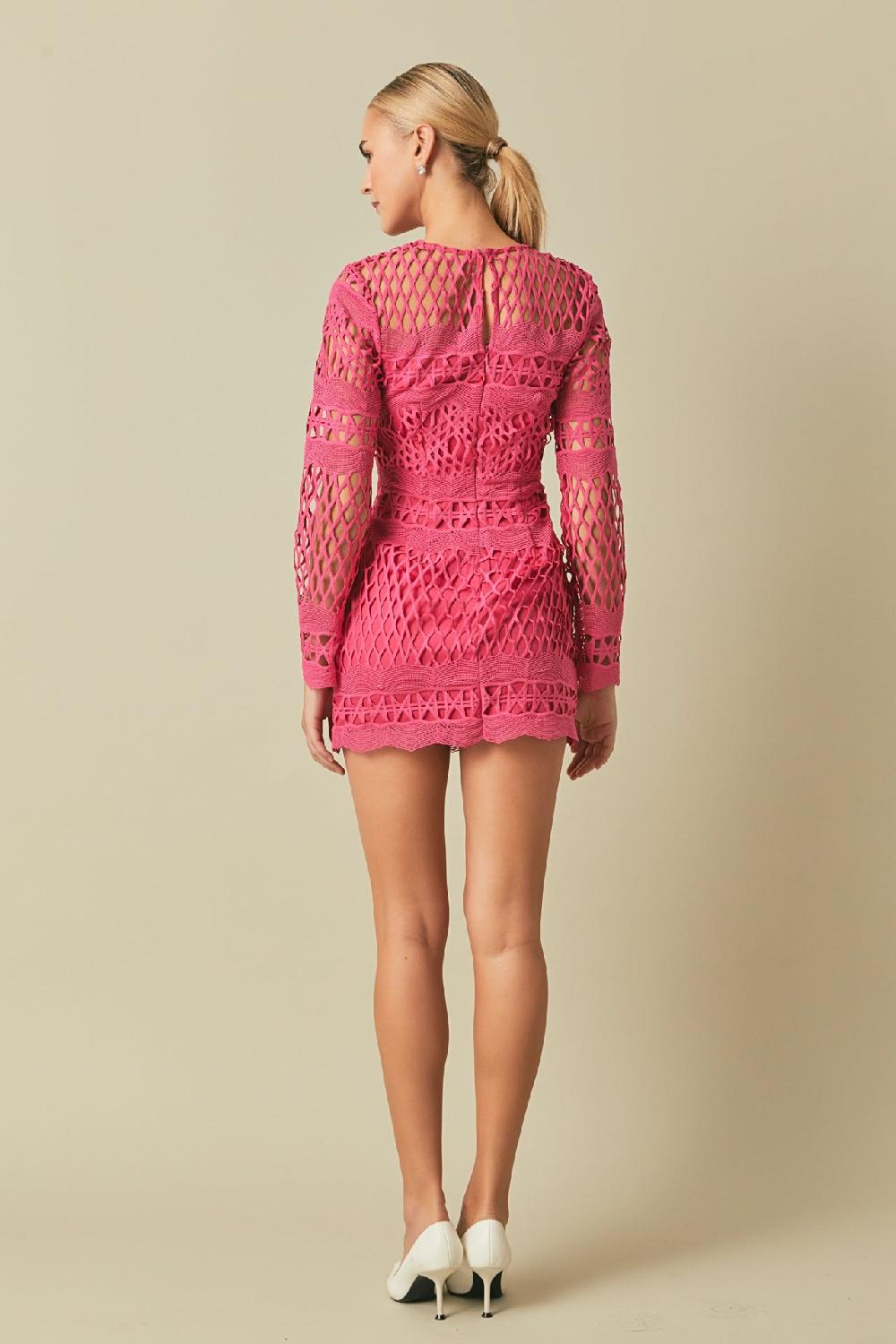 Endless Rose Long Sleeve Crochet Mini Dress FUCHSIA