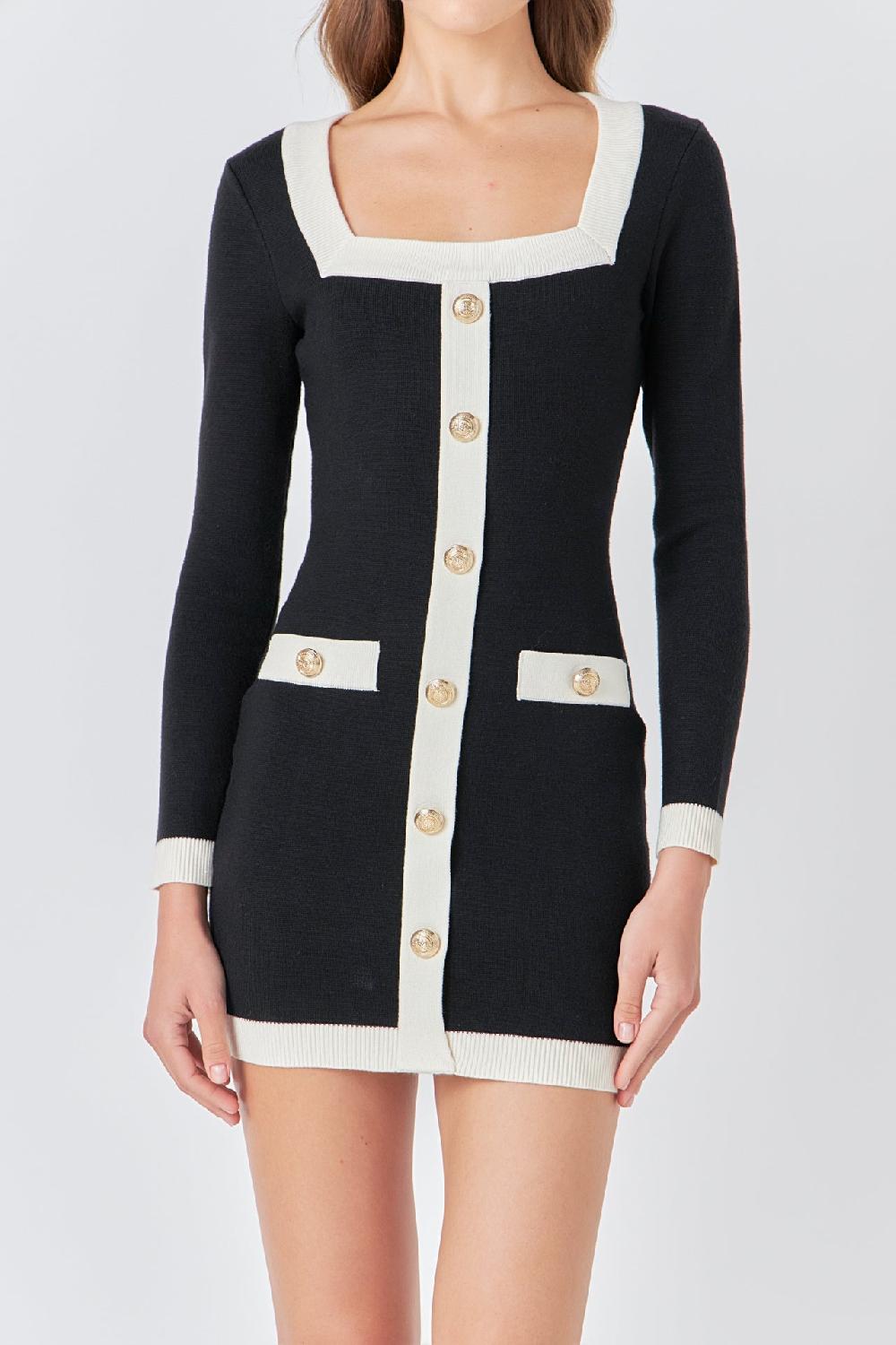 Endless Rose Long-Sleeve Knit Mini Dress CREAM/BLACK