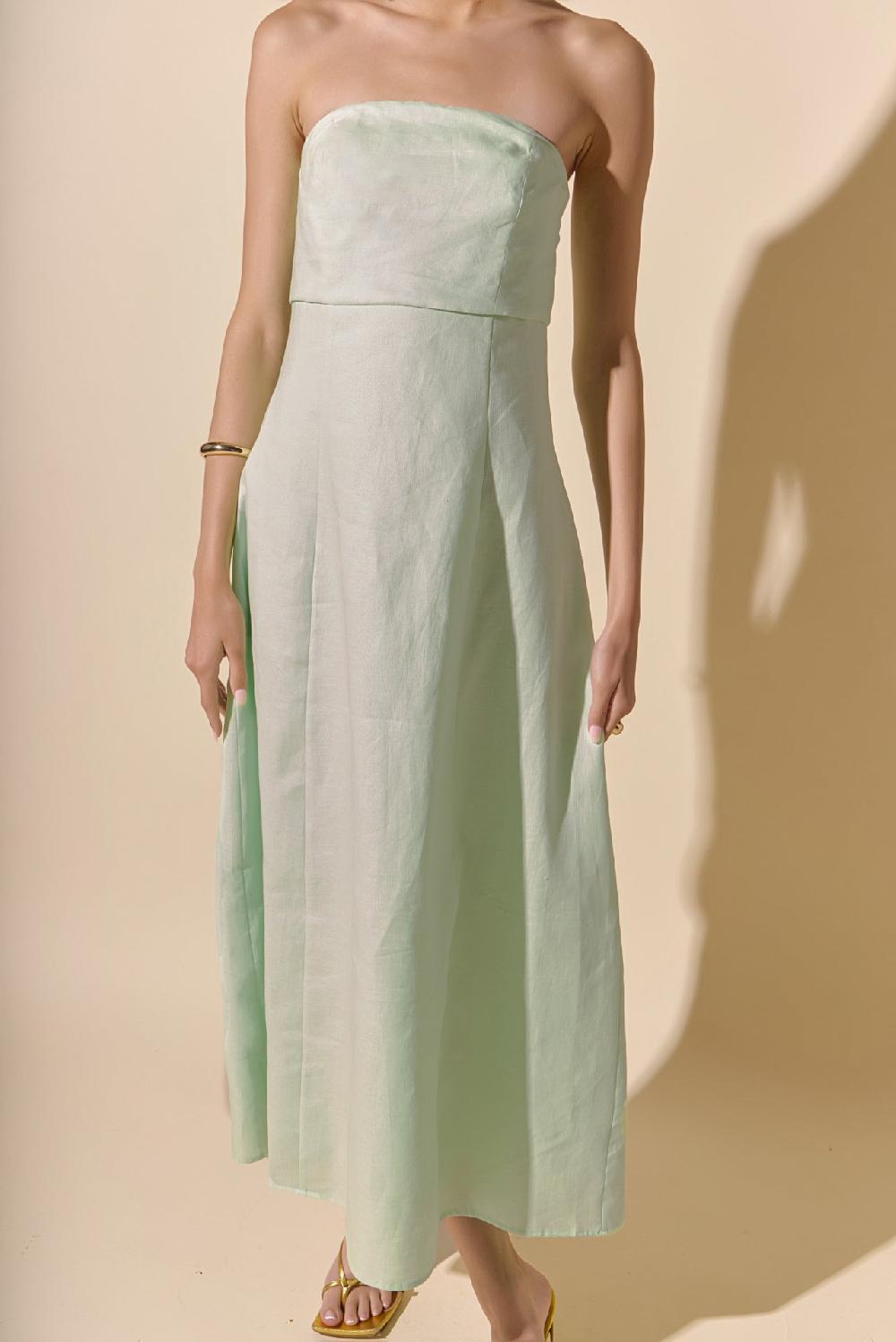 Endless Rose Lucia Folded Strapless Linen Maxi Dress PISTACHIO