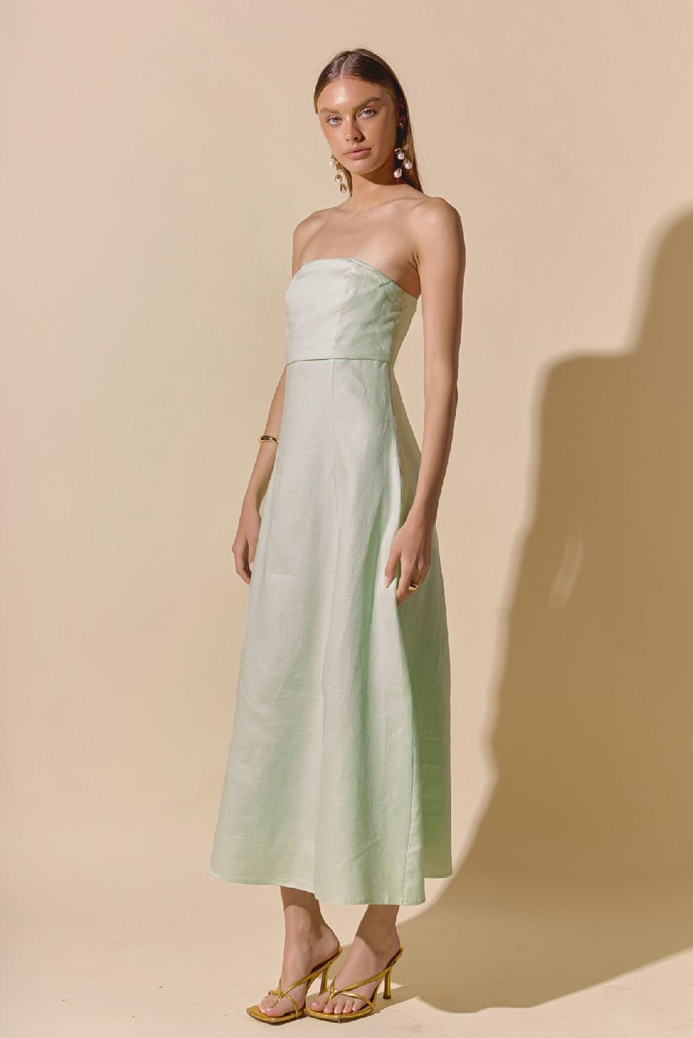 Endless Rose Lucia Folded Strapless Linen Maxi Dress PISTACHIO