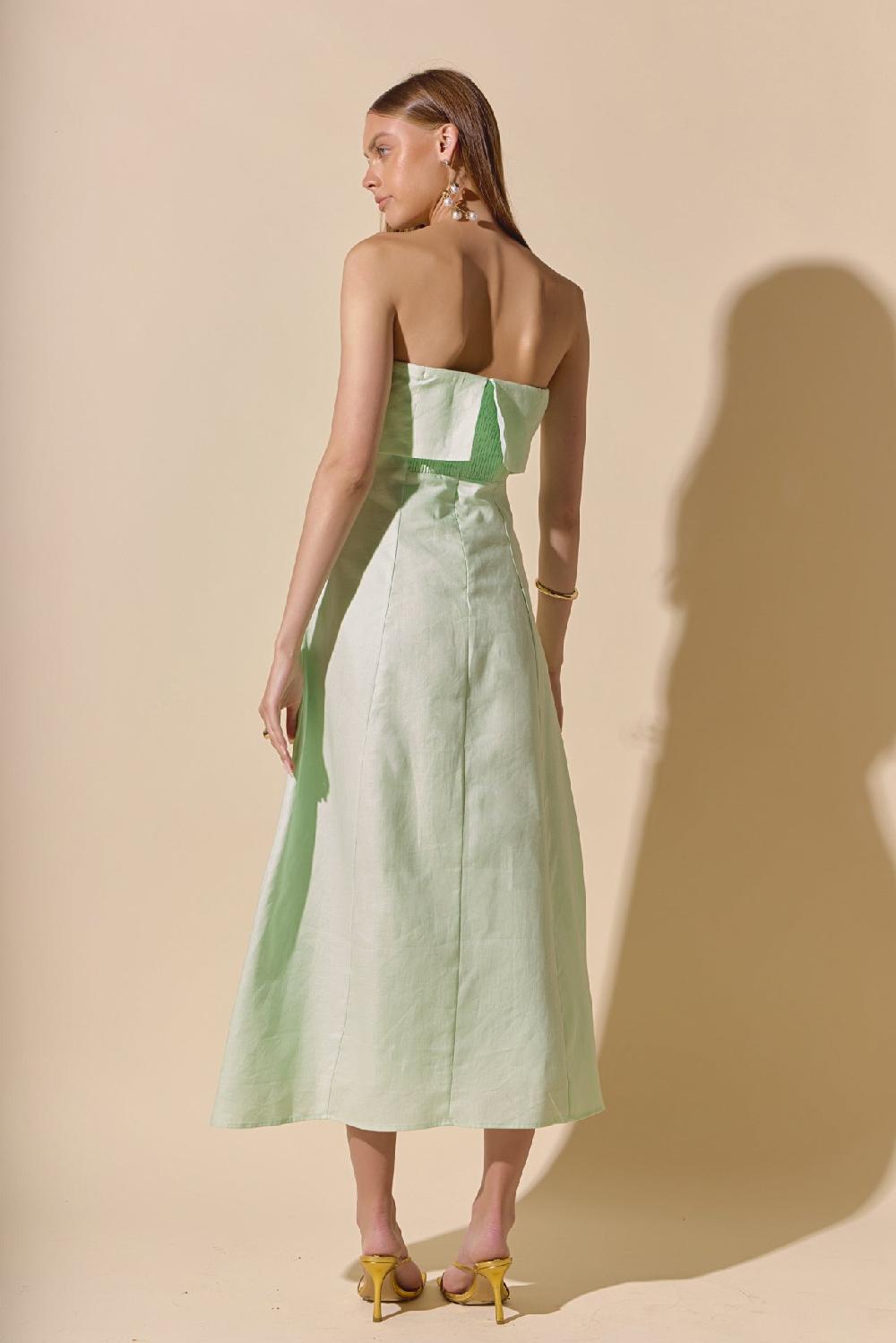 Endless Rose Lucia Folded Strapless Linen Maxi Dress PISTACHIO