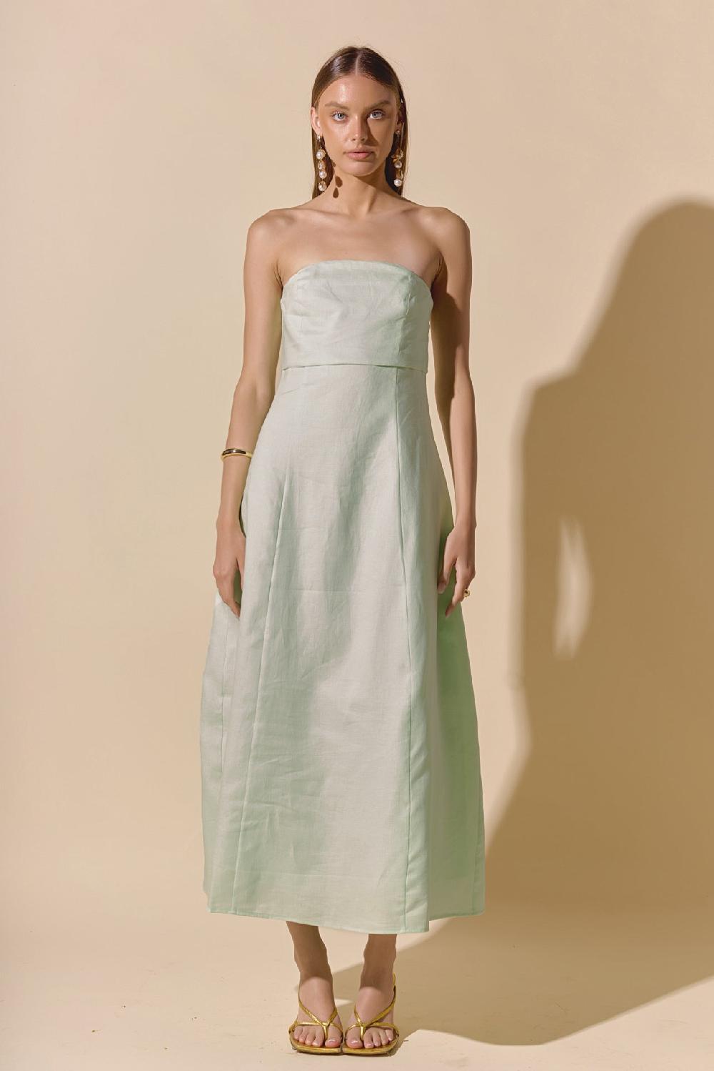 endless rose Lucia Folded Strapless Linen Maxi Dress PISTACHIO
