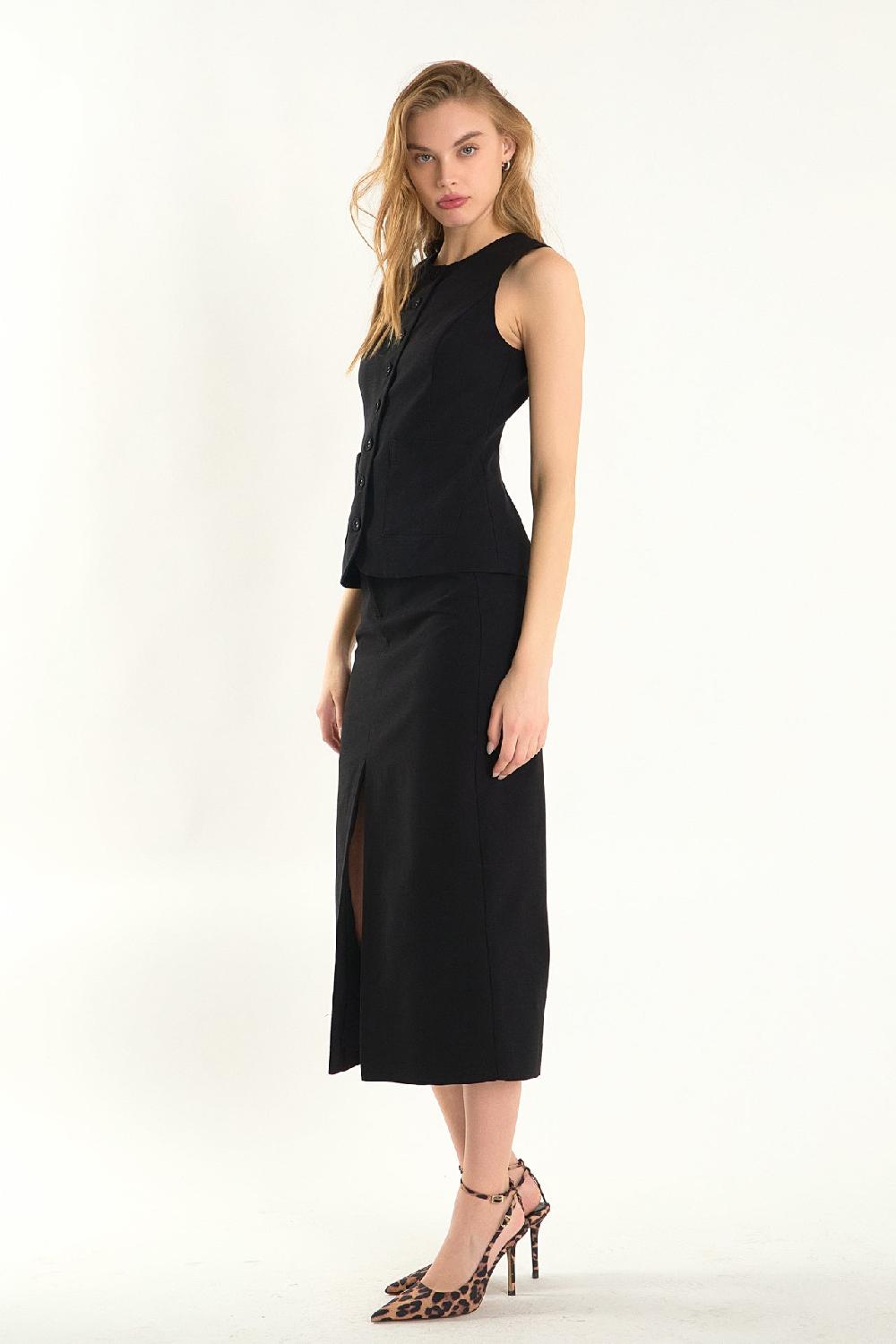 Endless Rose Margaux Front Slit Linen Midi Skirt BLACK