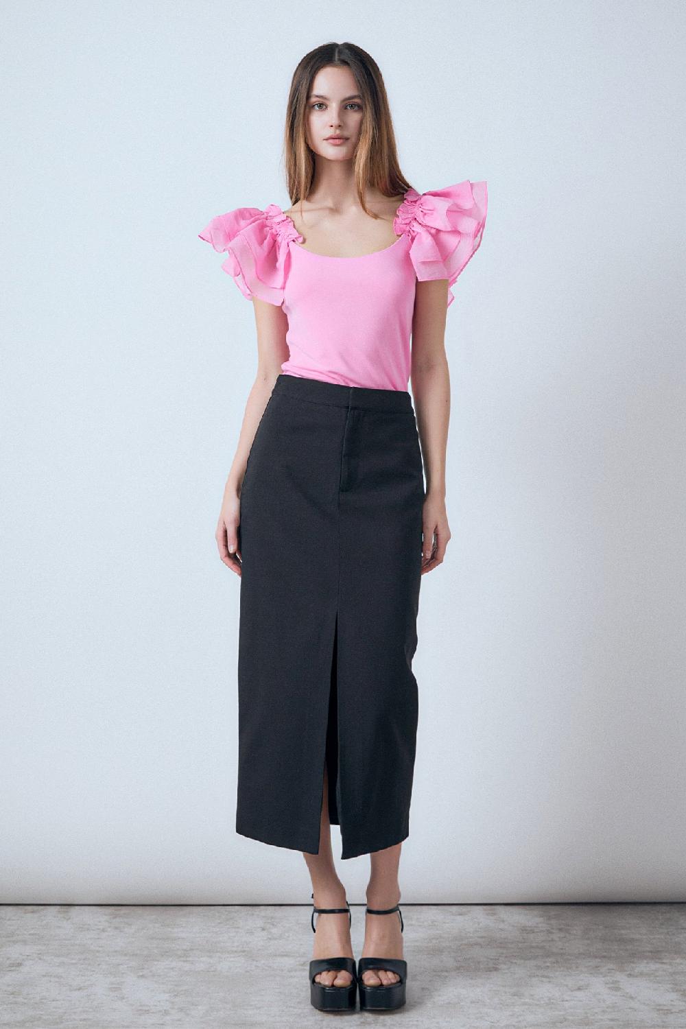 endless rose Margaux Front Slit Linen Midi Skirt BLACK