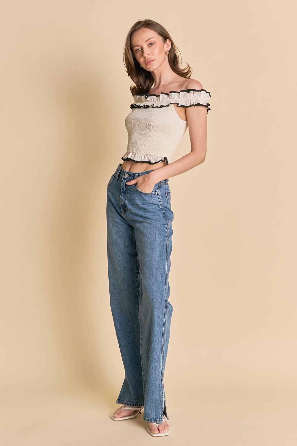 Endless Rose Marina Off The Shoulder Ruffle Smocked Top IVORY