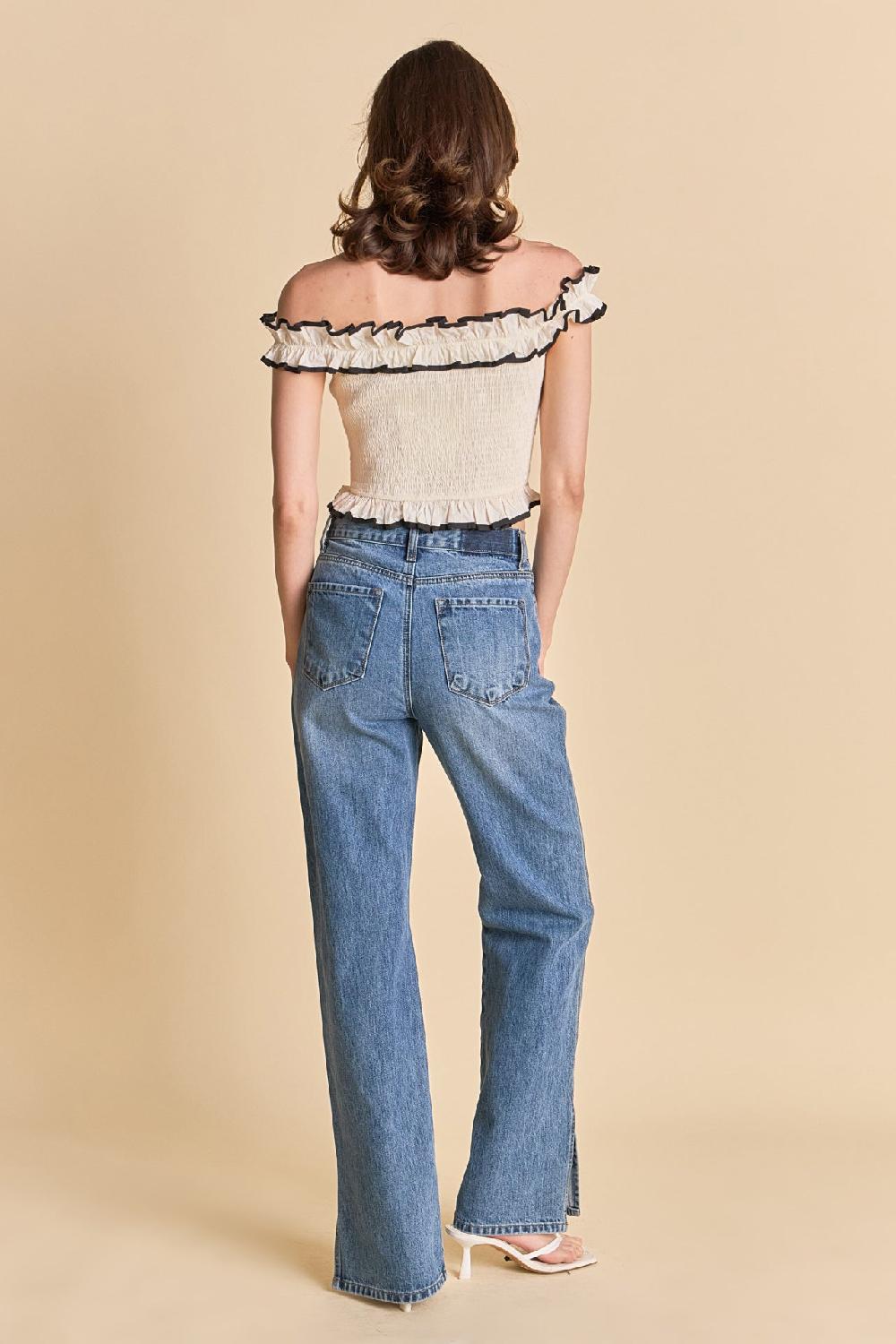 Endless Rose Marina Off The Shoulder Ruffle Smocked Top IVORY