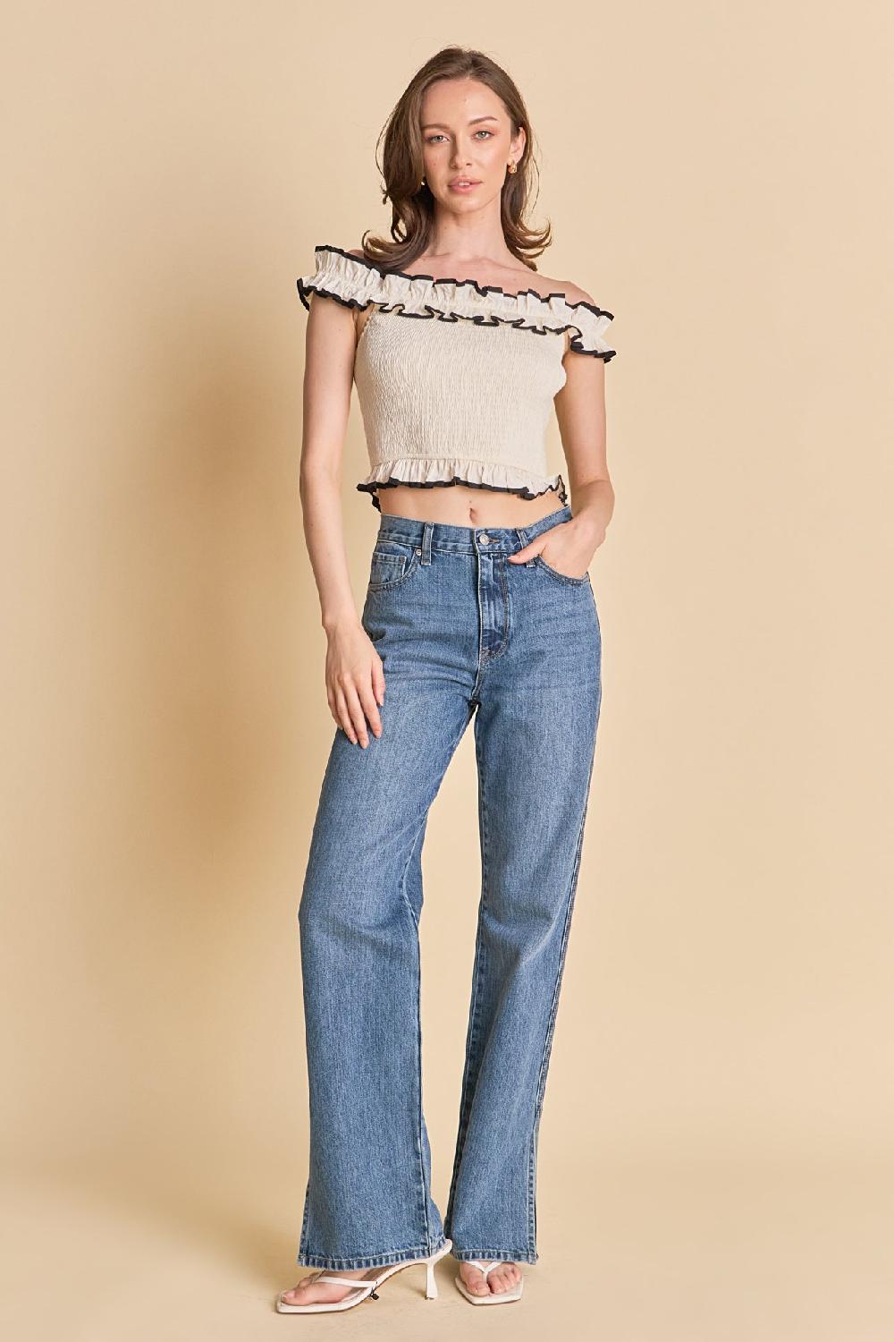 endless rose Marina Off the Shoulder Ruffle Smocked Top IVORY