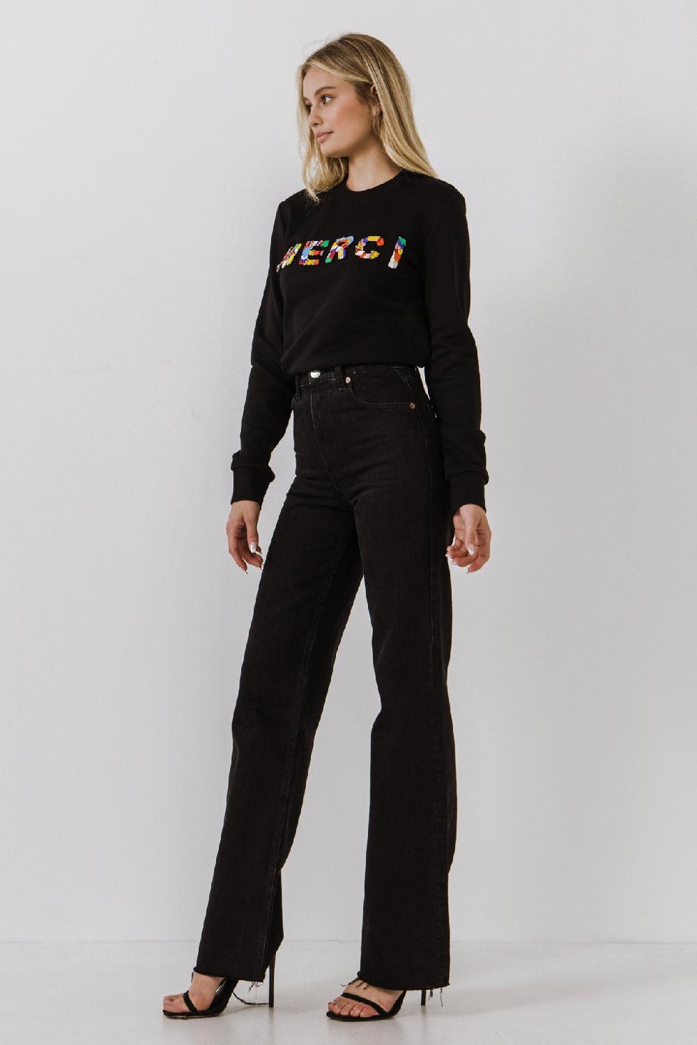 Endless Rose Merci Lettering Beads Sweatshirt BLACK