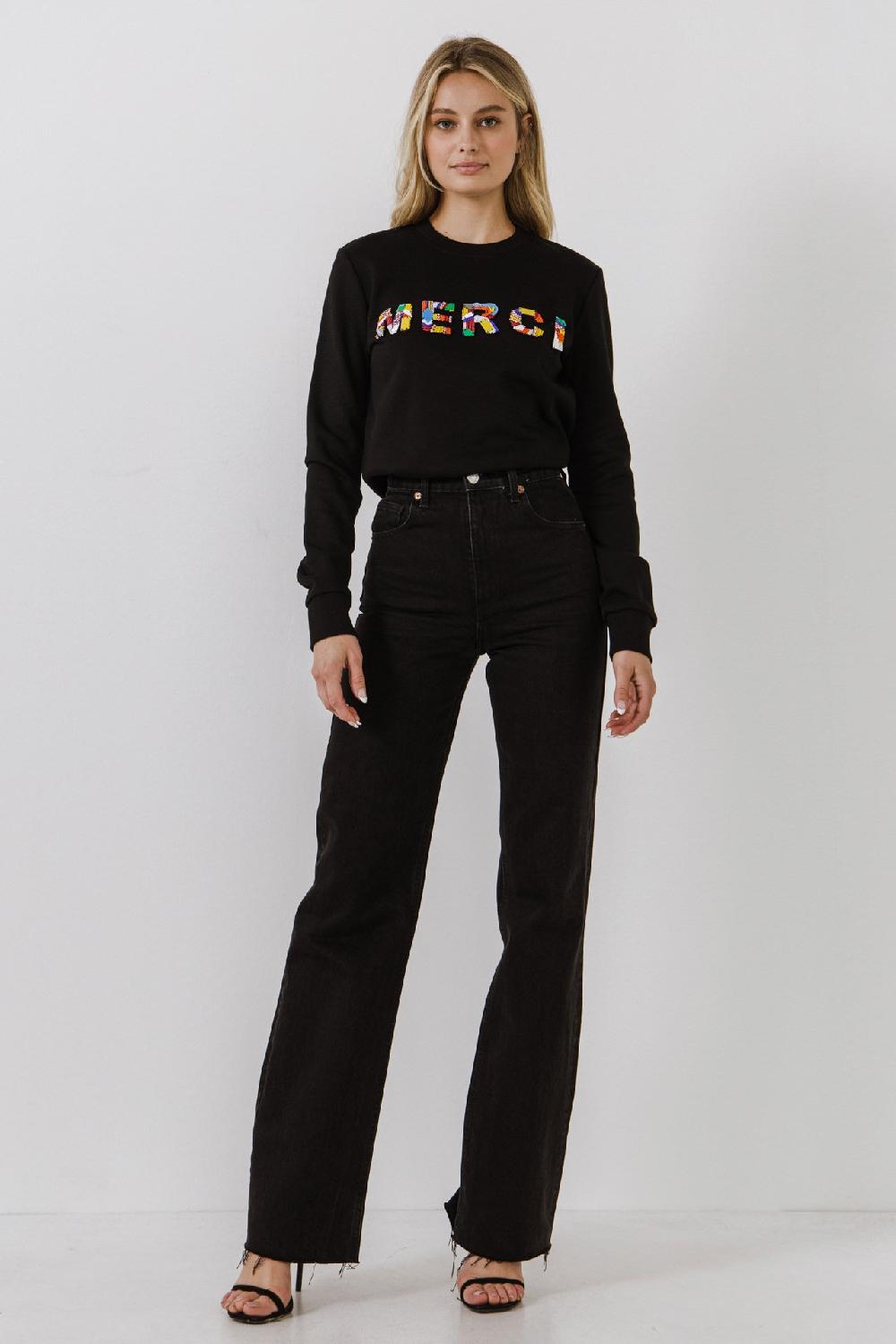 endless rose Merci Lettering Beads Sweatshirt BLACK