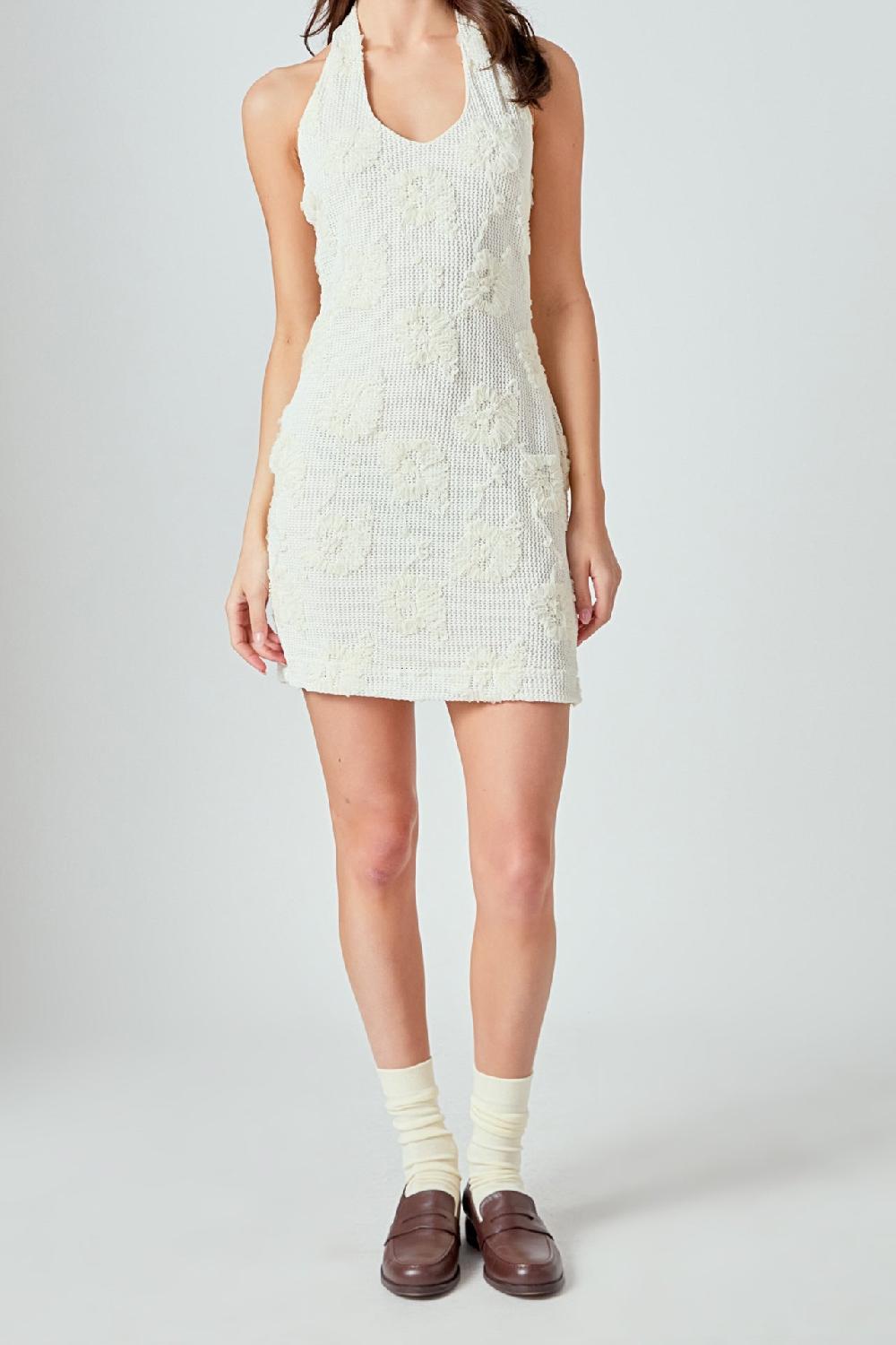 Endless Rose Mesh Embroidered Halter Mini Dress IVORY
