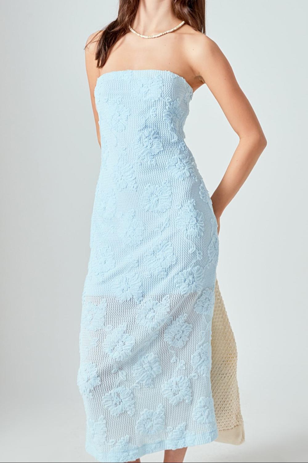 Endless Rose Mesh Embroidered Midi Strapless Dress POWDER BLUE