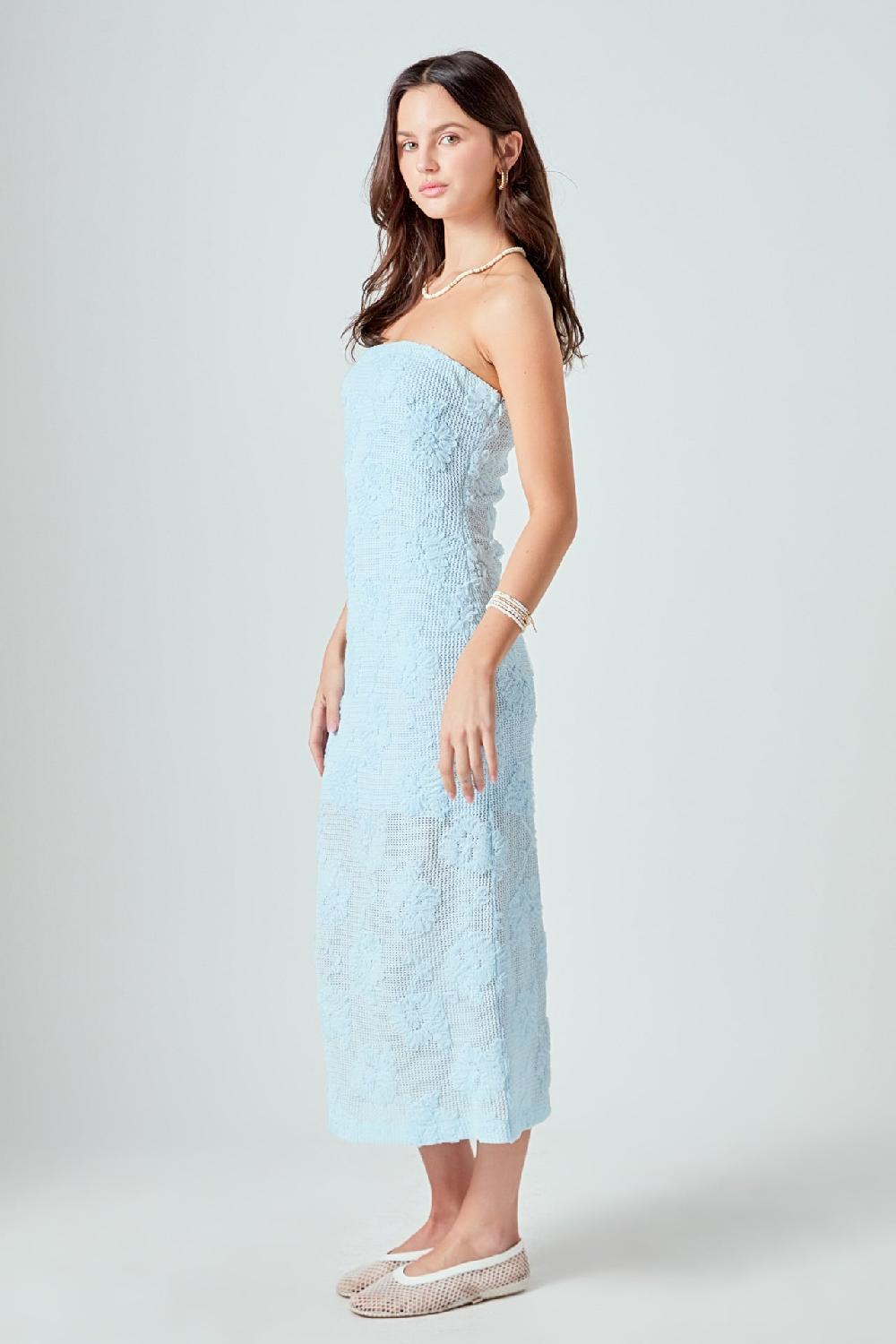 Endless Rose Mesh Embroidered Midi Strapless Dress POWDER BLUE