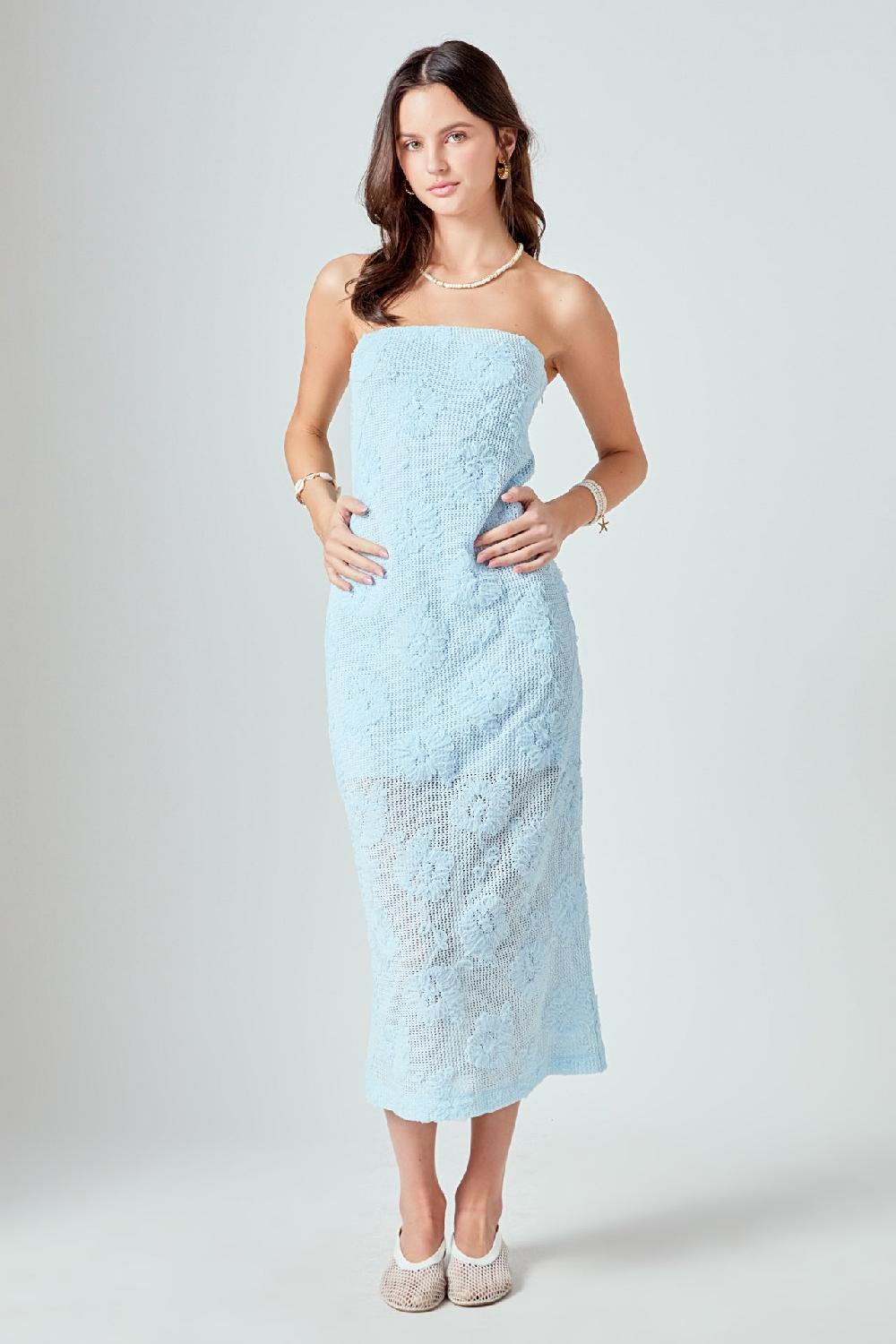 endless rose Mesh Embroidered Midi Strapless Dress POWDER BLUE