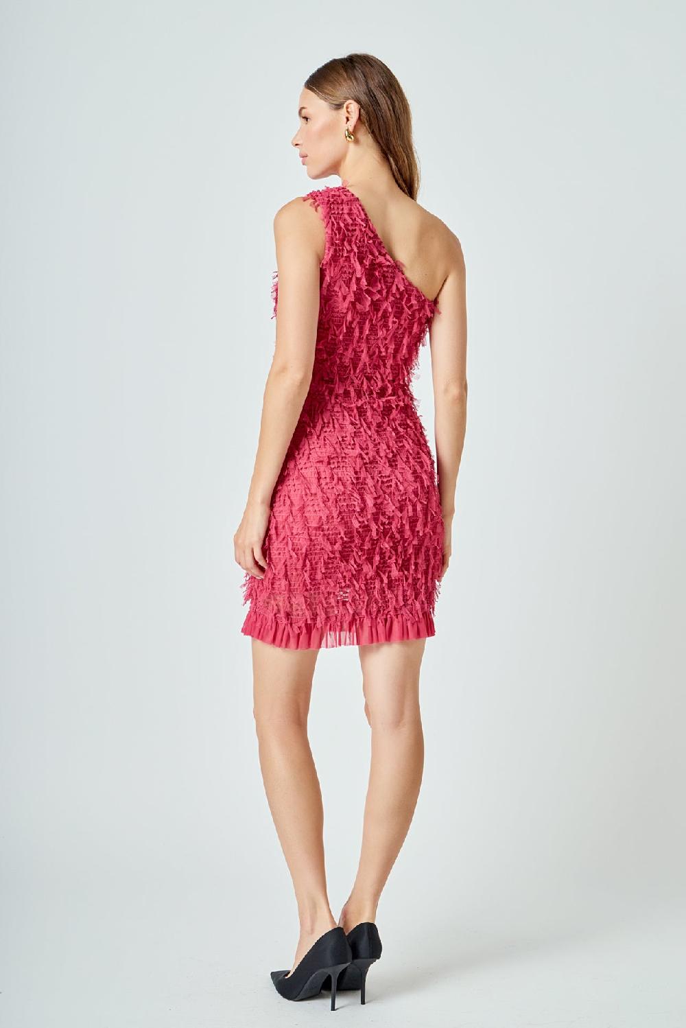 Endless Rose Mesh Trimmed One Shoulder Mini Dress BURGUNDY