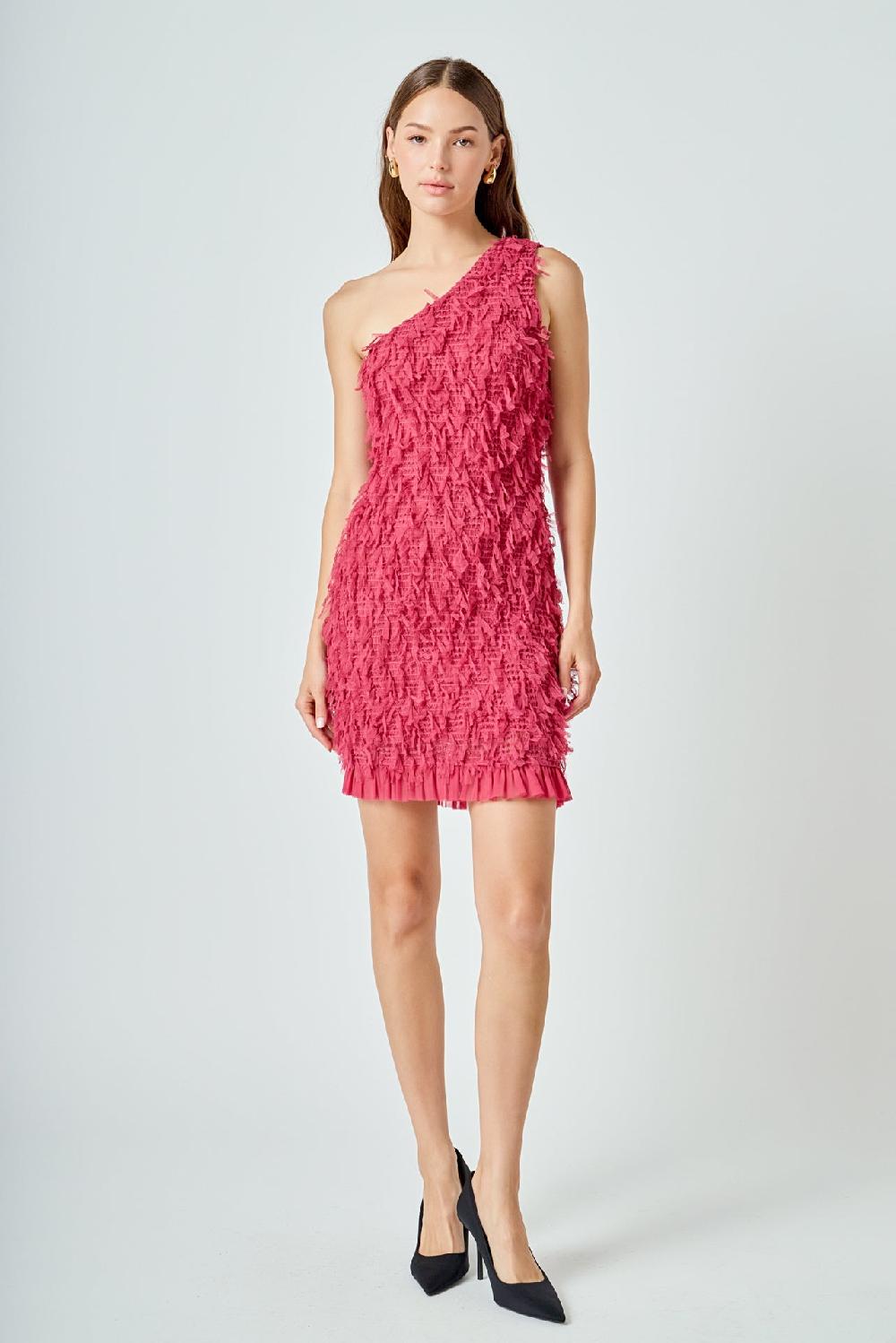 endless rose Mesh Trimmed One Shoulder Mini Dress BURGUNDY