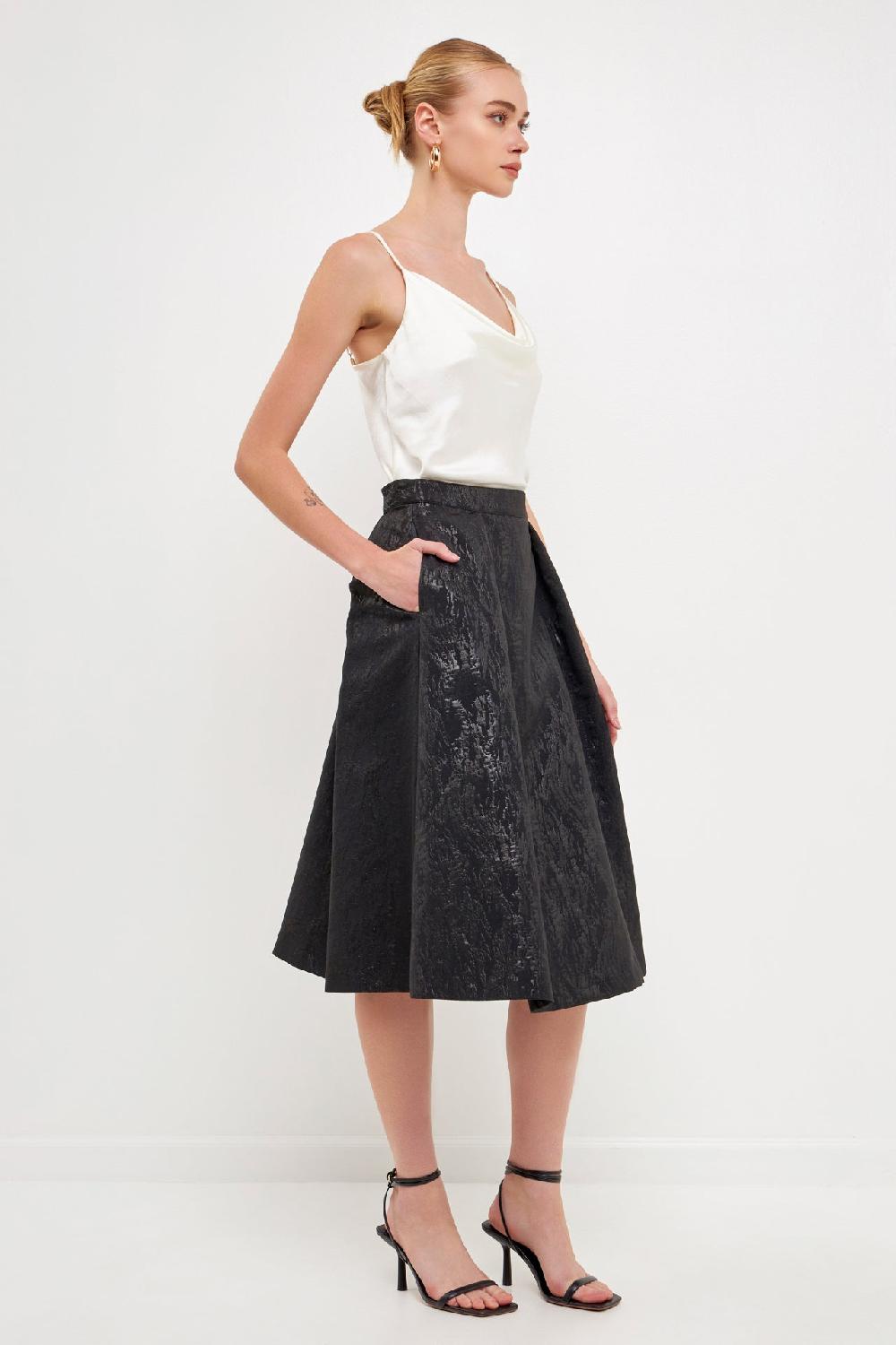 Endless Rose Metallic Jacquard Flare Midi Skirt BLACK