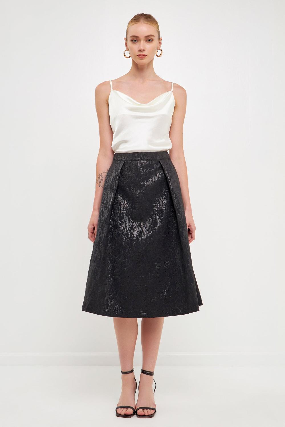 endless rose Metallic Jacquard Flare Midi Skirt BLACK