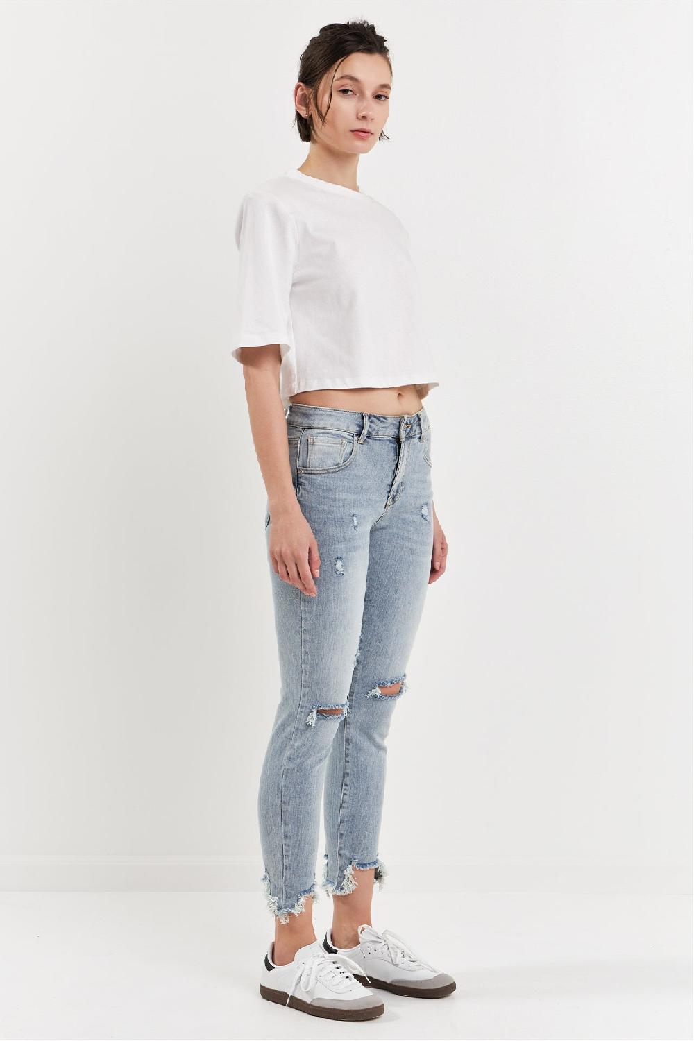 Endless Rose Mid Rise Distressed Ankle Skinny Jeans LIGHT BLUE