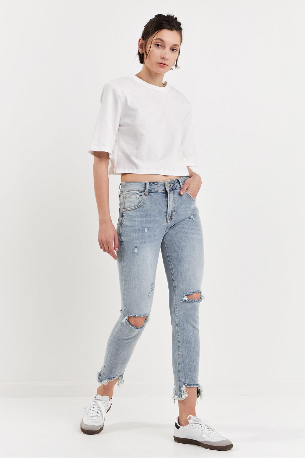 endless rose Mid Rise Distressed Ankle Skinny Jeans LIGHT BLUE