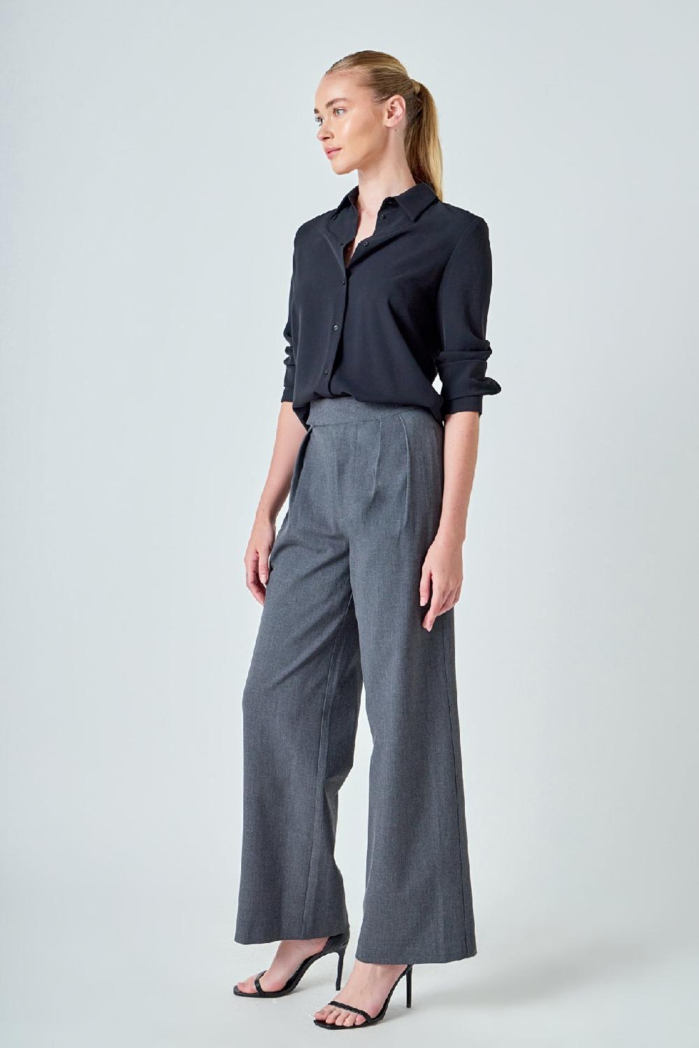 Endless Rose Mid Rise Pleated Wide Leg Trousers GREY