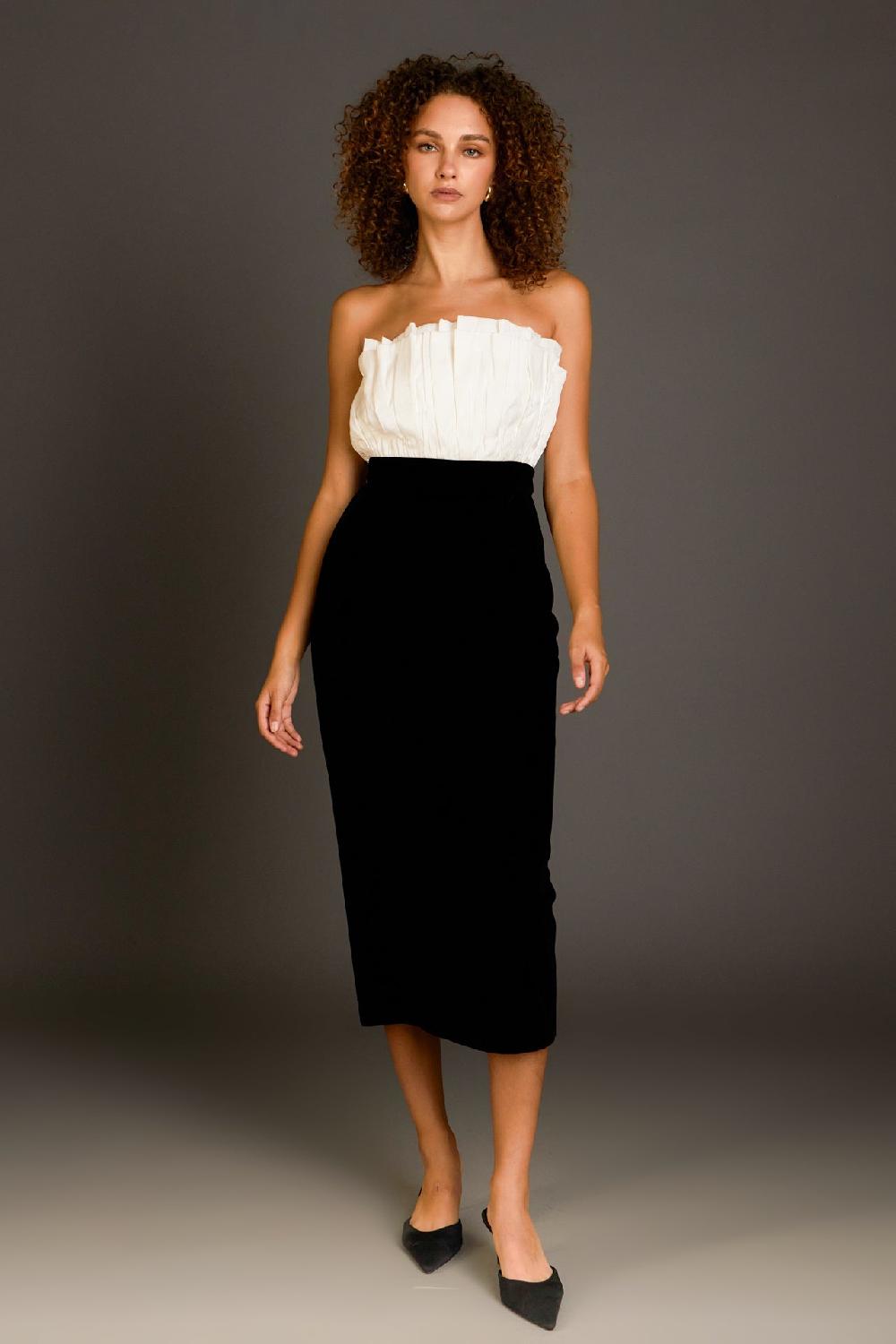 Endless Rose Mix Media Velvet Strapless Midi Dress IVORY