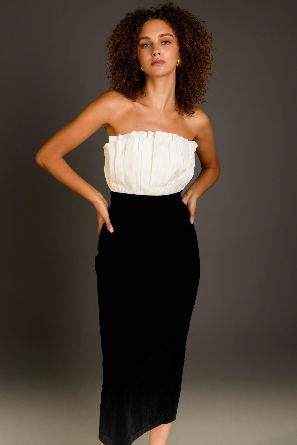 endless rose Mix Media Velvet Strapless Midi Dress IVORY