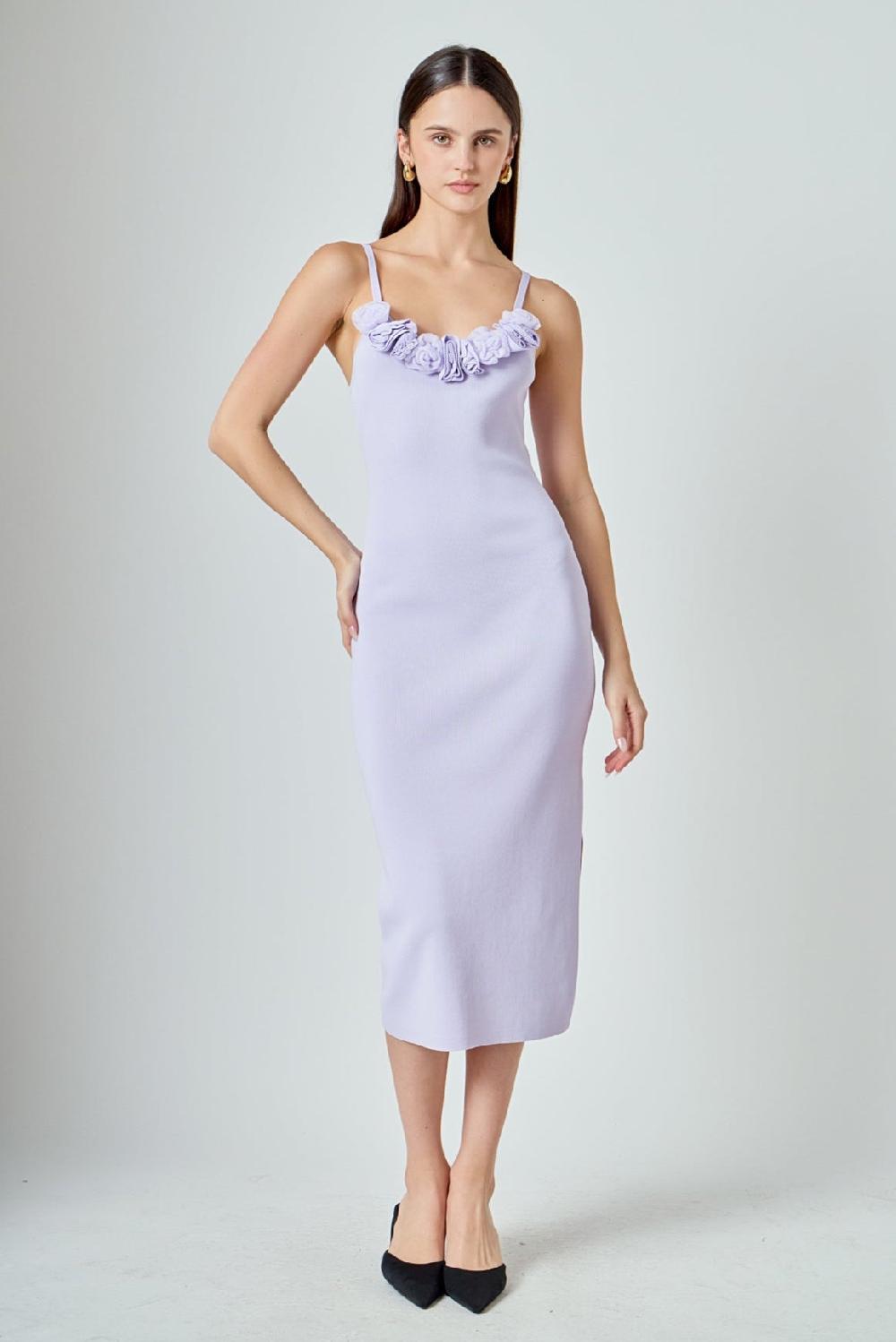endless rose Mixed 3D Flower Knit Maxi Dress LAVENDER