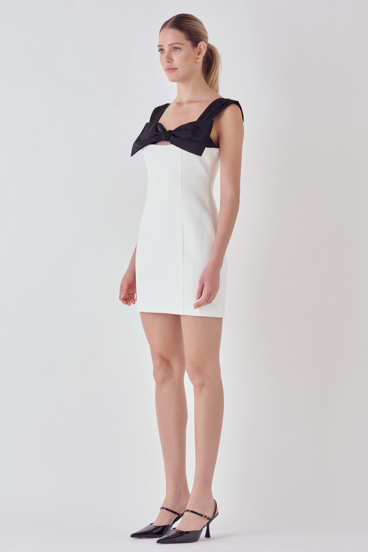 Endless Rose Mixed Media Bow Mini Dress WHITE/BLACK