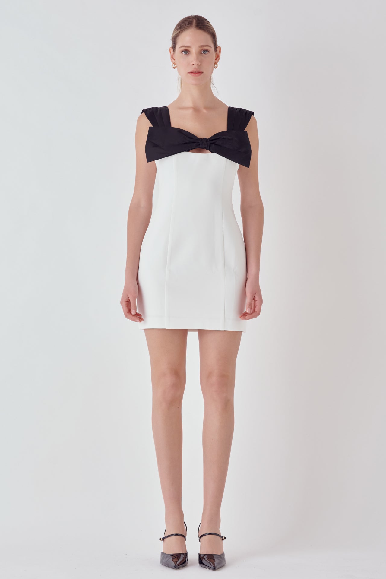 endless rose Mixed Media Bow Mini Dress WHITE/BLACK