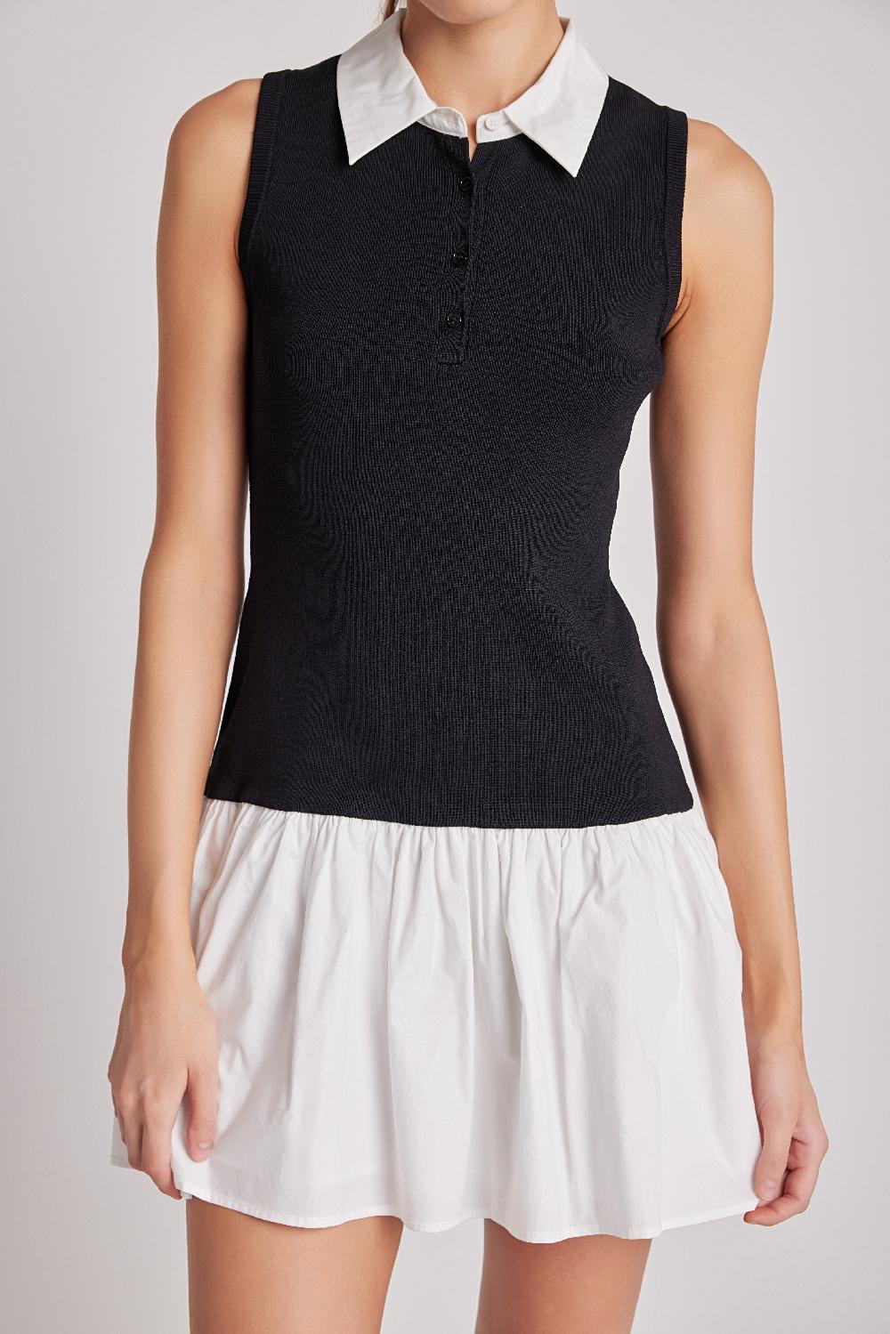 Endless Rose Mixed Media Cotton Polo Mini Dress BLACK