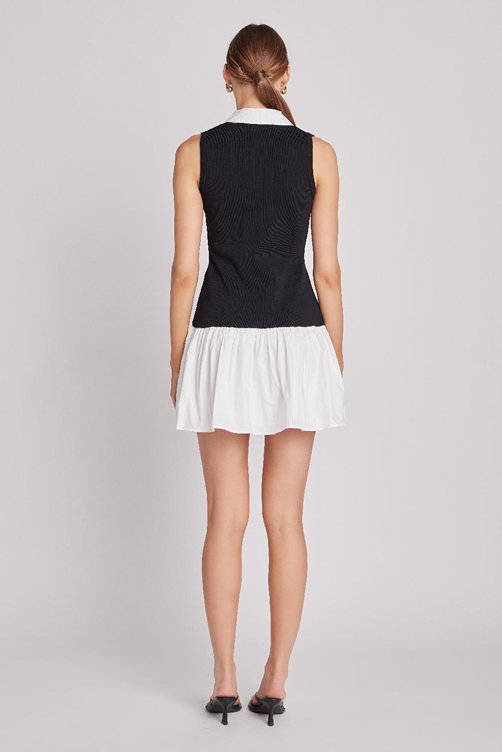 Endless Rose Mixed Media Cotton Polo Mini Dress BLACK