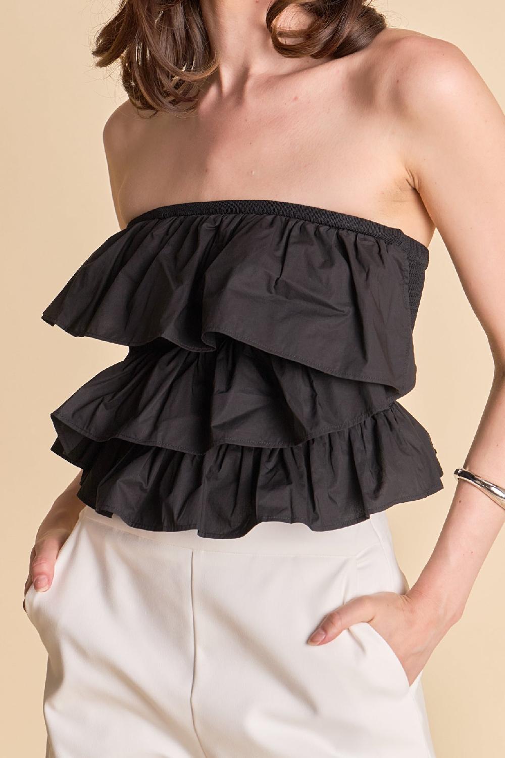 Endless Rose Mixed Media Ruffled Strapless Top BLACK