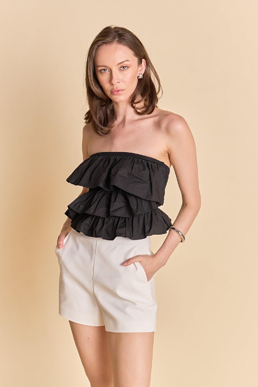 endless rose Mixed Media Ruffled Strapless Top BLACK