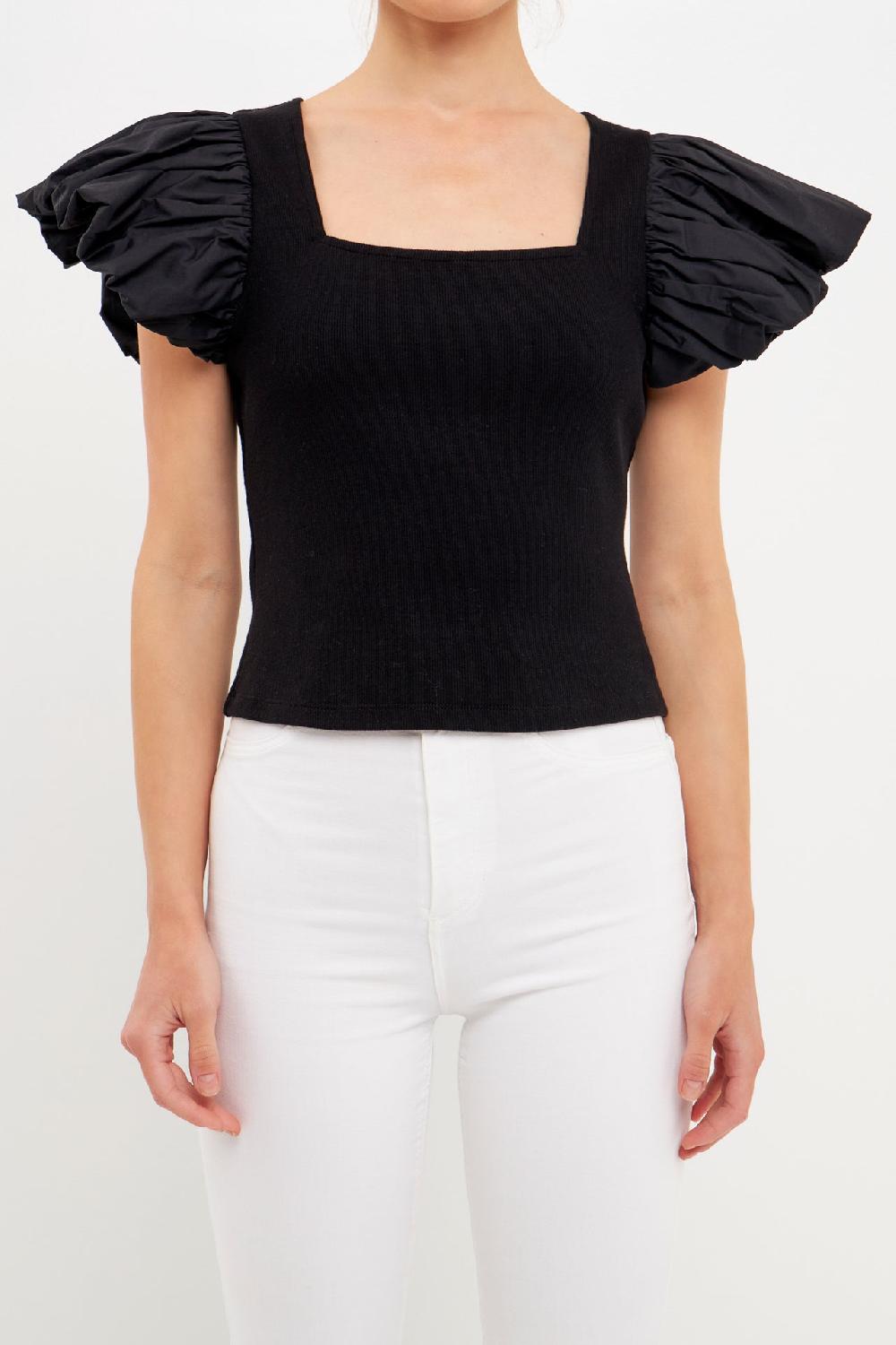 Endless Rose Mixed Media Square Neckline Knit Top BLACK