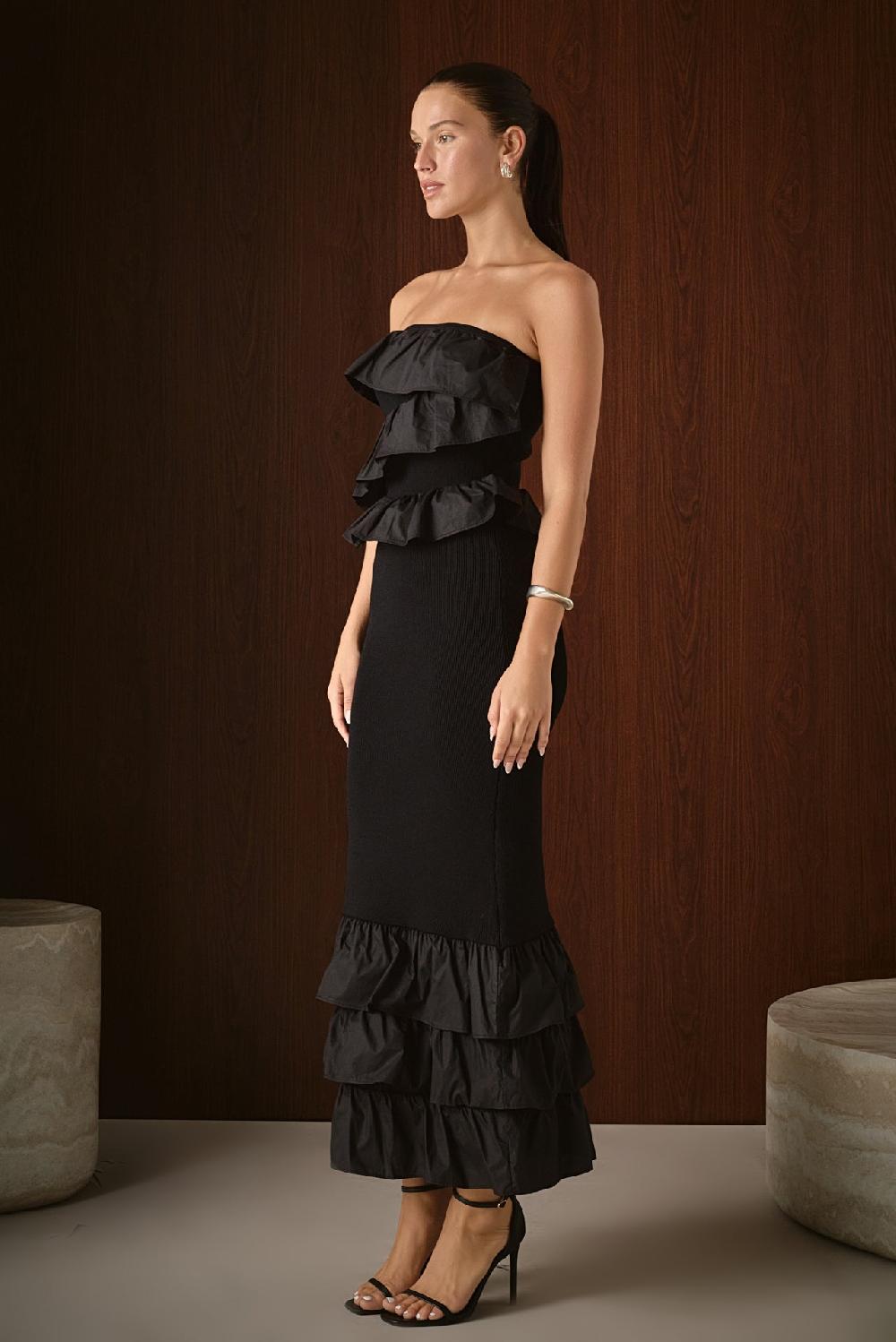 Endless Rose Mixed Media Strapless Fitted Maxi Dress BLACK