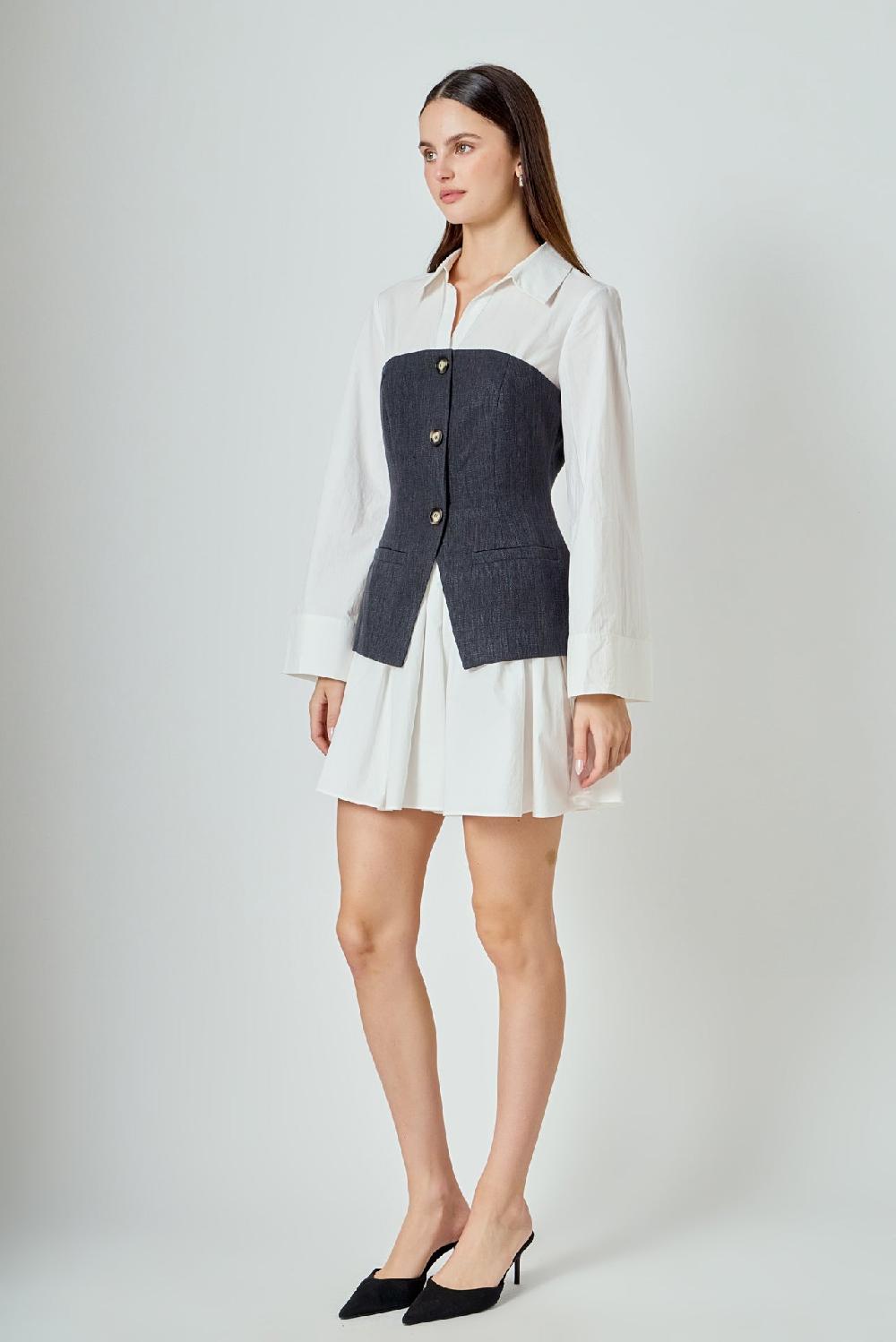 Endless Rose Mixed Media Tweed Poplin Mini Dress BLACK