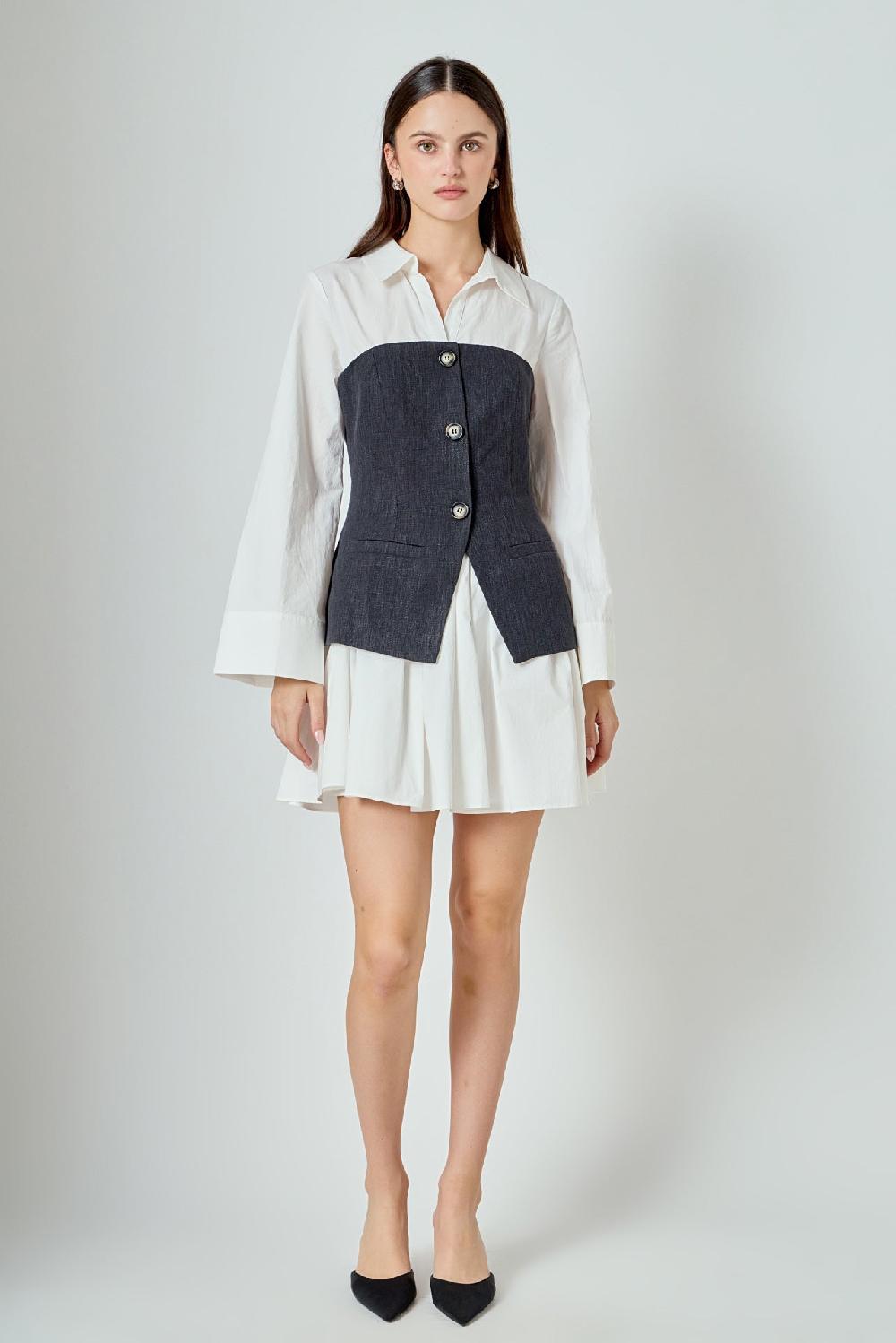 endless rose Mixed Media Tweed Poplin Mini Dress BLACK