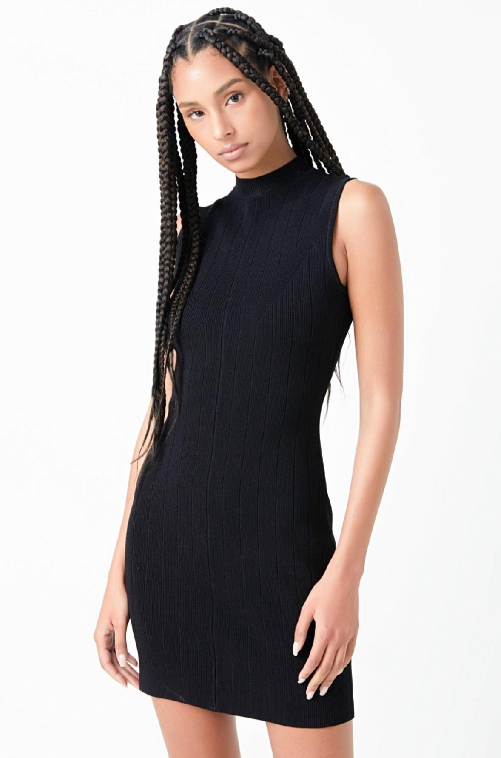 Endless Rose Mock Neck Sleeveless Knit Mini Dress BLACK