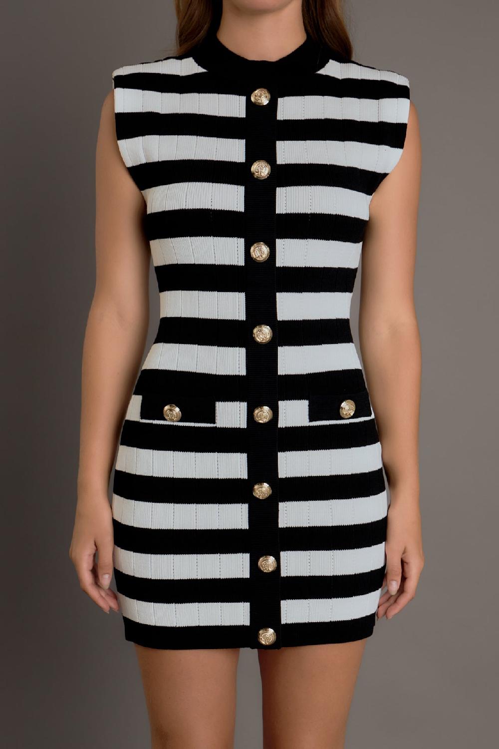 Endless Rose Mock Neck Striped Mini Dress BLACK/WHITE